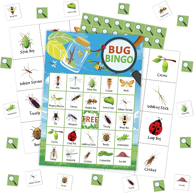 Bug Bingo Card, Camping Games for Adults Family, Nature Themed Birthday Bingo Game, Outdoor Adventure Bingo Kit for Camping Party, Travel Bingo for 24 Players, Hike Field Trip Supplies -17