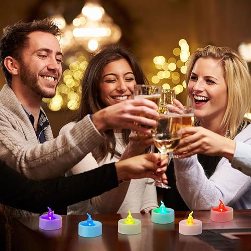 Miniatura 7 de Yakpo Paquete de 24 velas de té LED que cambian de color, funciona con pilas, luces votivas eléctricas parpadeantes sin llama, velas LED coloridas a
