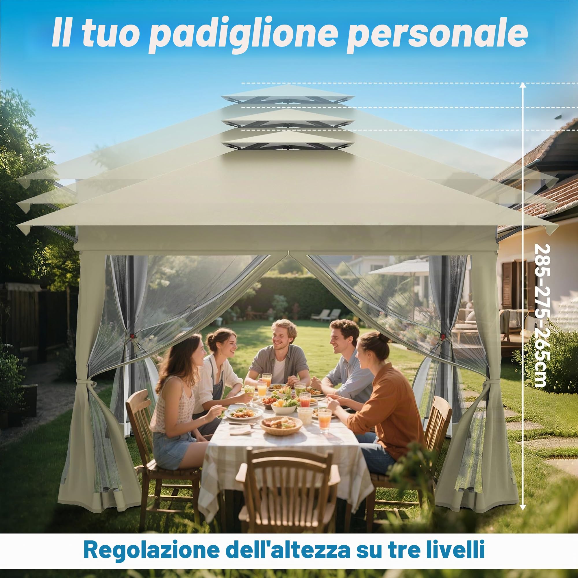 Aufun Gazebo da giardino Pop Up Padiglione 4x4m, protezione UV e zanzare, stabile gazebo pieghevole regolabile in altezza, tenda da giardino con 4 pannelli laterali con zanzariera e tetto doppio