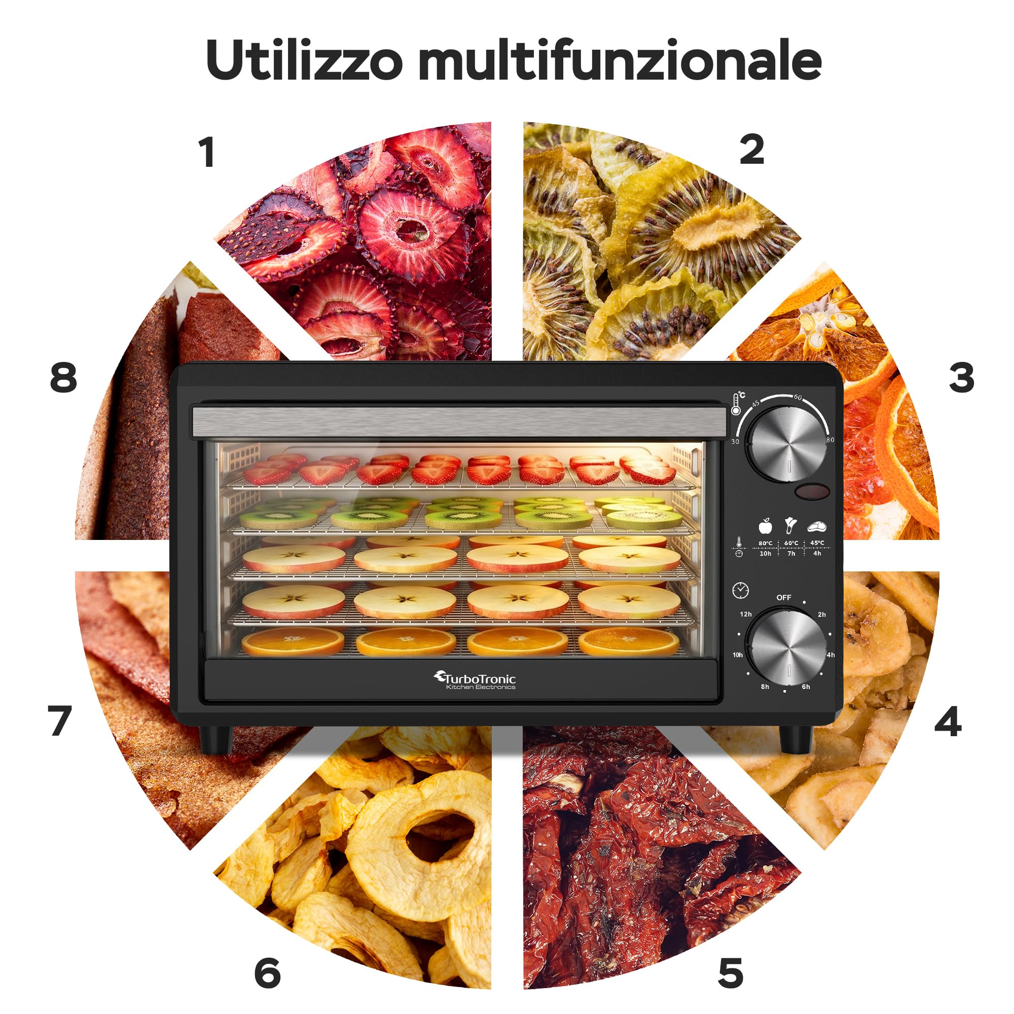 TurboTronic FD14 - Disidratatore Alimentare 14 L con 5 Vassoi - Essiccatore Alimentare a 5 Ripiani per Frutta, Verdura, Funghi, Carne, Pesce ed Erbe - Temperatura e Timer Regolabili (Black)