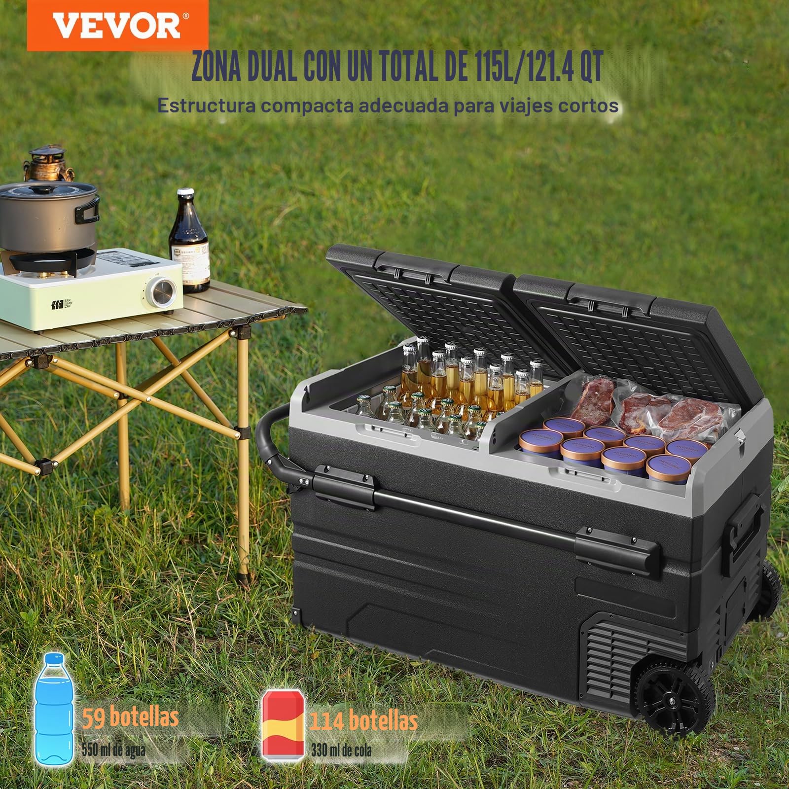 VEVOR Refrigerador para Automóvil, Congelador Portátil de Doble Zona de 115 L con Ruedas y Asa, -20~20 ℃, Refrigerador con Compresor de 1005 x 571 x 522 mm para Exteriores, Campamentos, ≤ 45 dB