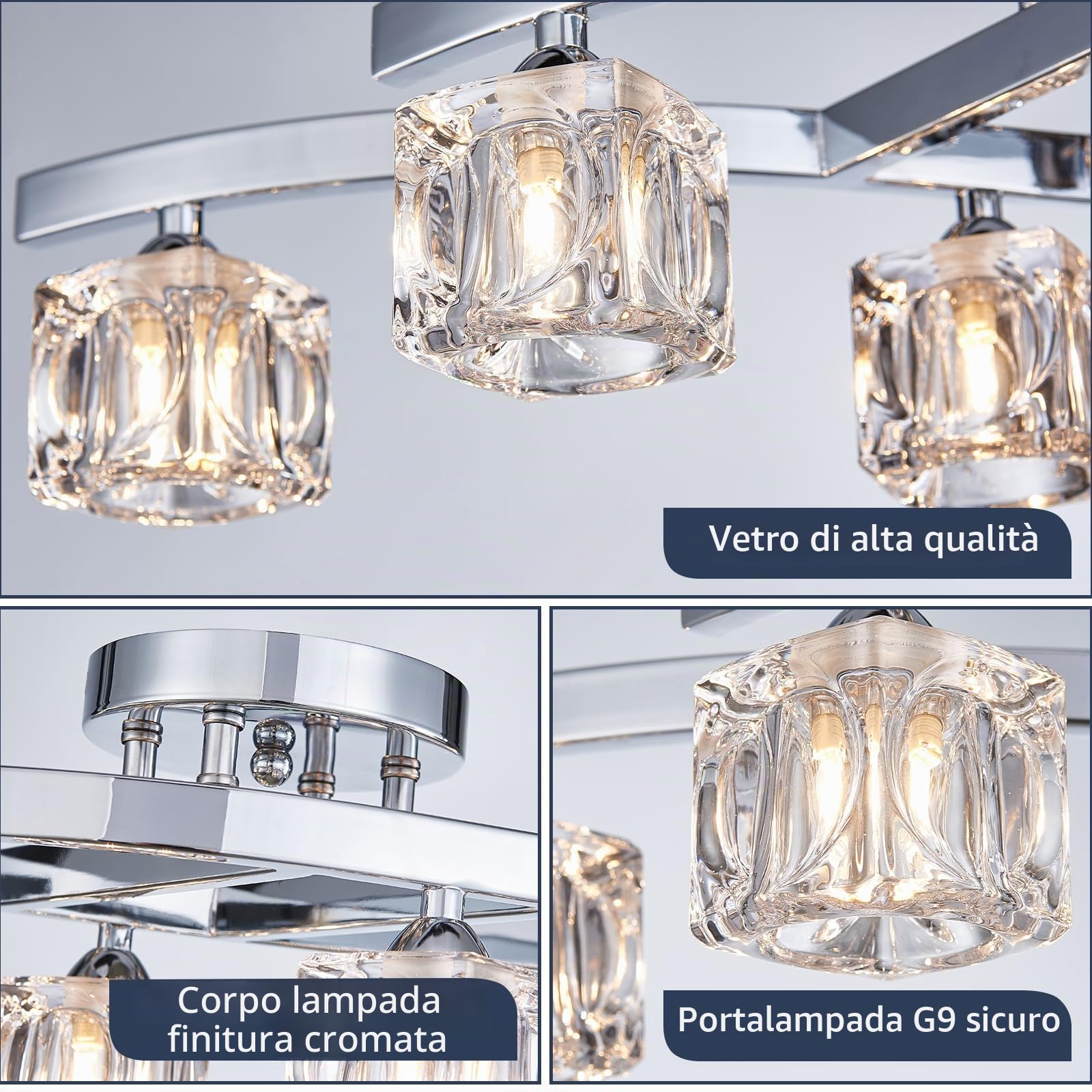 BESTIER Lampadario moderno elegante in vetro cristallo Lampadario a 6 luci Cromo Montaggio semi-filo Apparecchio di illuminazione Lunghezza 77 x Larghezza 25 cm x Altezza 19 cm