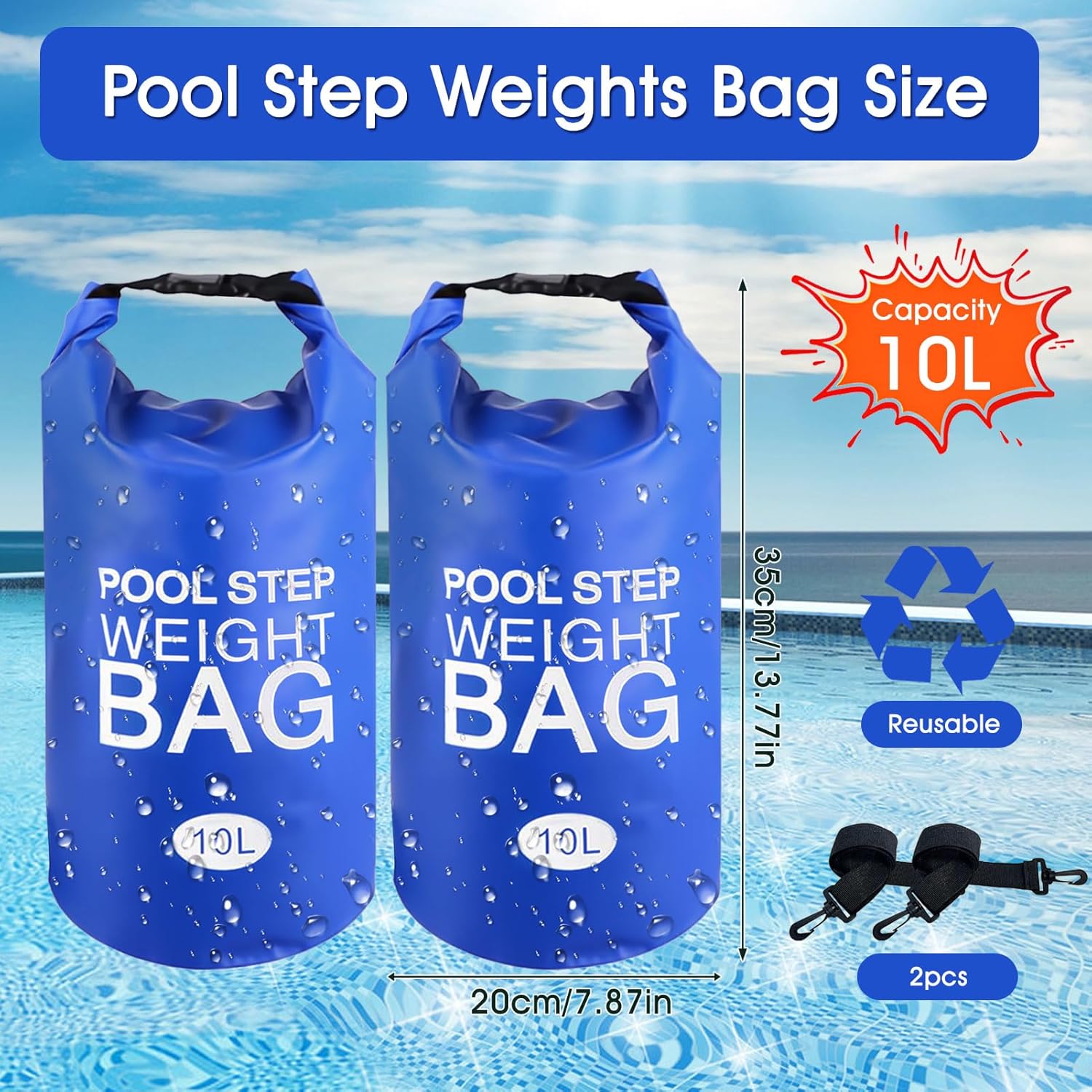 2 Pack Pool Step Weights, 500D PVC Waterproof Heavy Duty Pool Ladder Sand Bags for Weight with Nylon Handle, 10L Universal Pool Step Weights/Pool Ladder Weights for Above Ground Pools (Blue) - Image 2