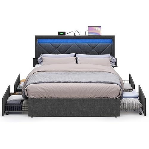 VASAGLE LED Bed Frame Full Size, Full Bed with Headboard and 4 Drawers, 1 USB Port and 1 Type C Port, Adjustable Upholstered Headboard 37.1/39.6 Inches, No Box Spring Needed, Dark Gray URMB822G71