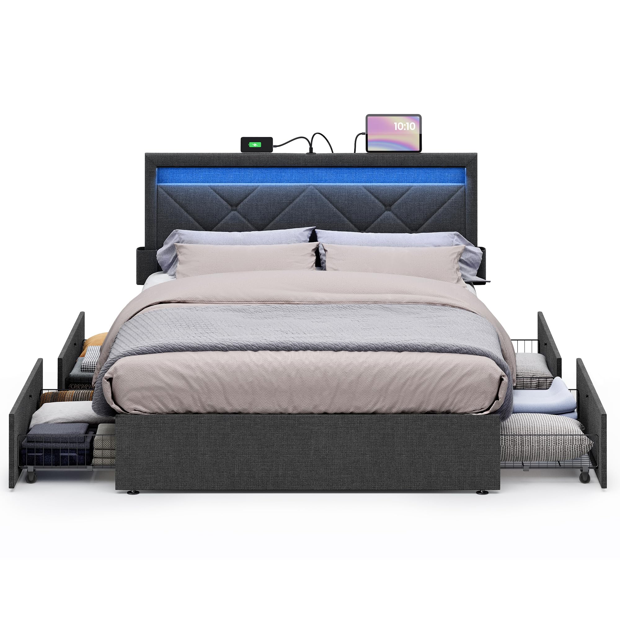 VASAGLE LED Bed Frame Full Size, Full Bed with Headboard and 4 Drawers, 1 USB Port and 1 Type C Port, Adjustable Upholstered Headboard 37.1/39.6 Inches, No Box Spring Needed, Dark Gray URMB822G71