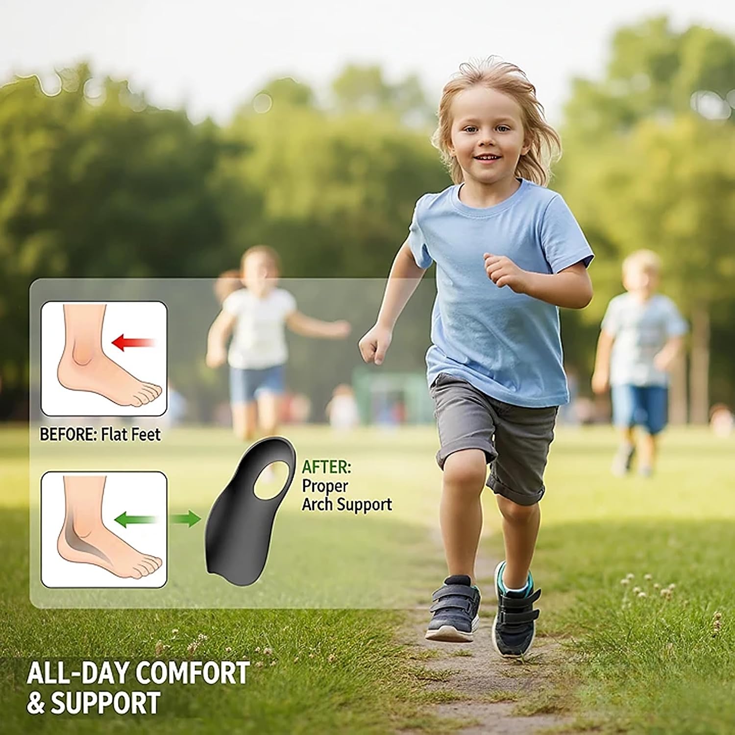1 Pair Kids Flat Foot Insoles Size S - Pediatric Arch Support Shoe Inserts for Toddler Gait Correction - Orthopedic Pads for Knock Knees and Bow Legs Alignment Black