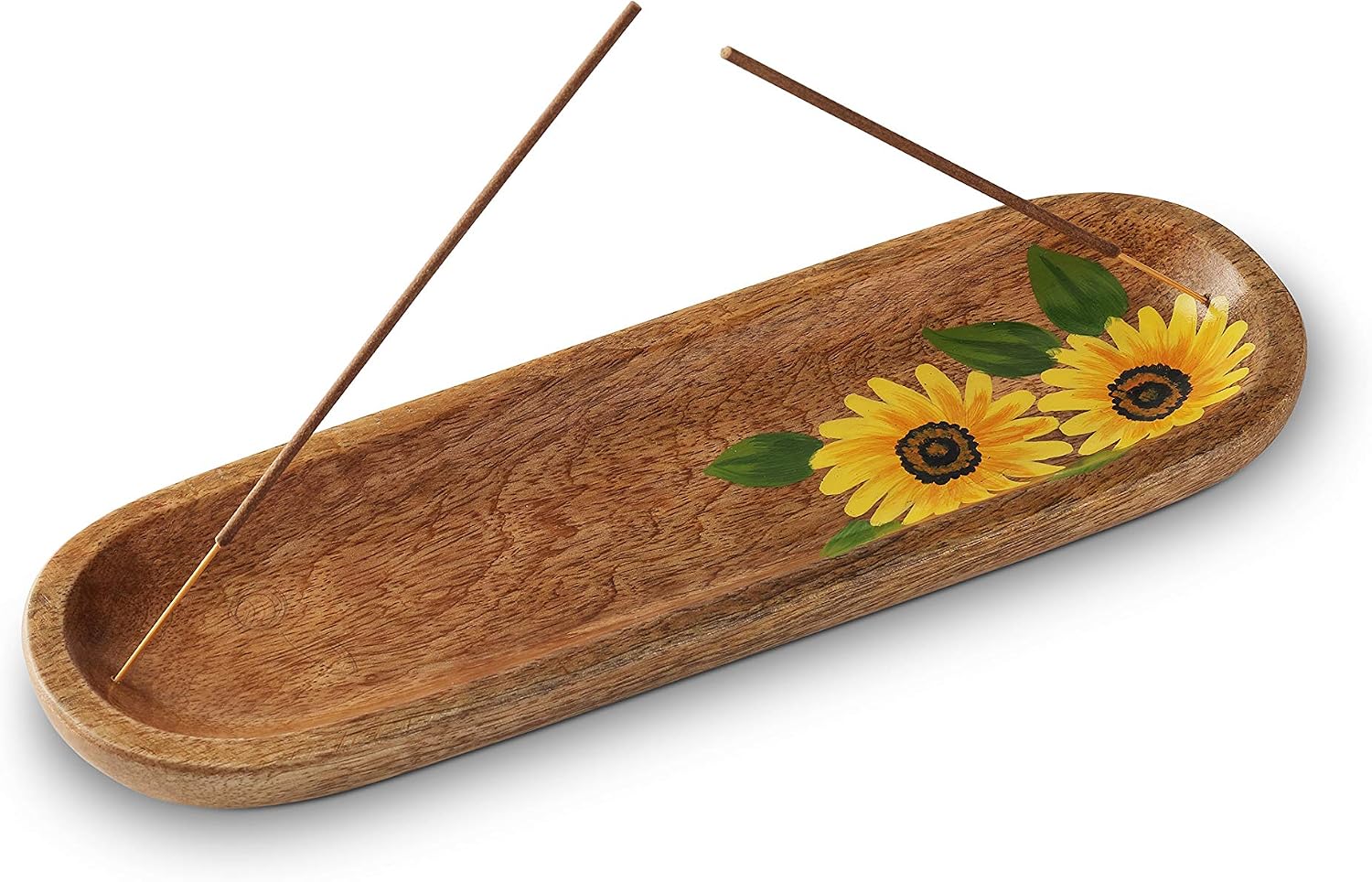 Folkulture Incense Holder or Insence Burner, Modern Incense Ash Catcher or Insense Sticks Holder for Home Décor, Fire Resistant, Wooden Incense Tray for Sticks, Mango Wood, Sunflower