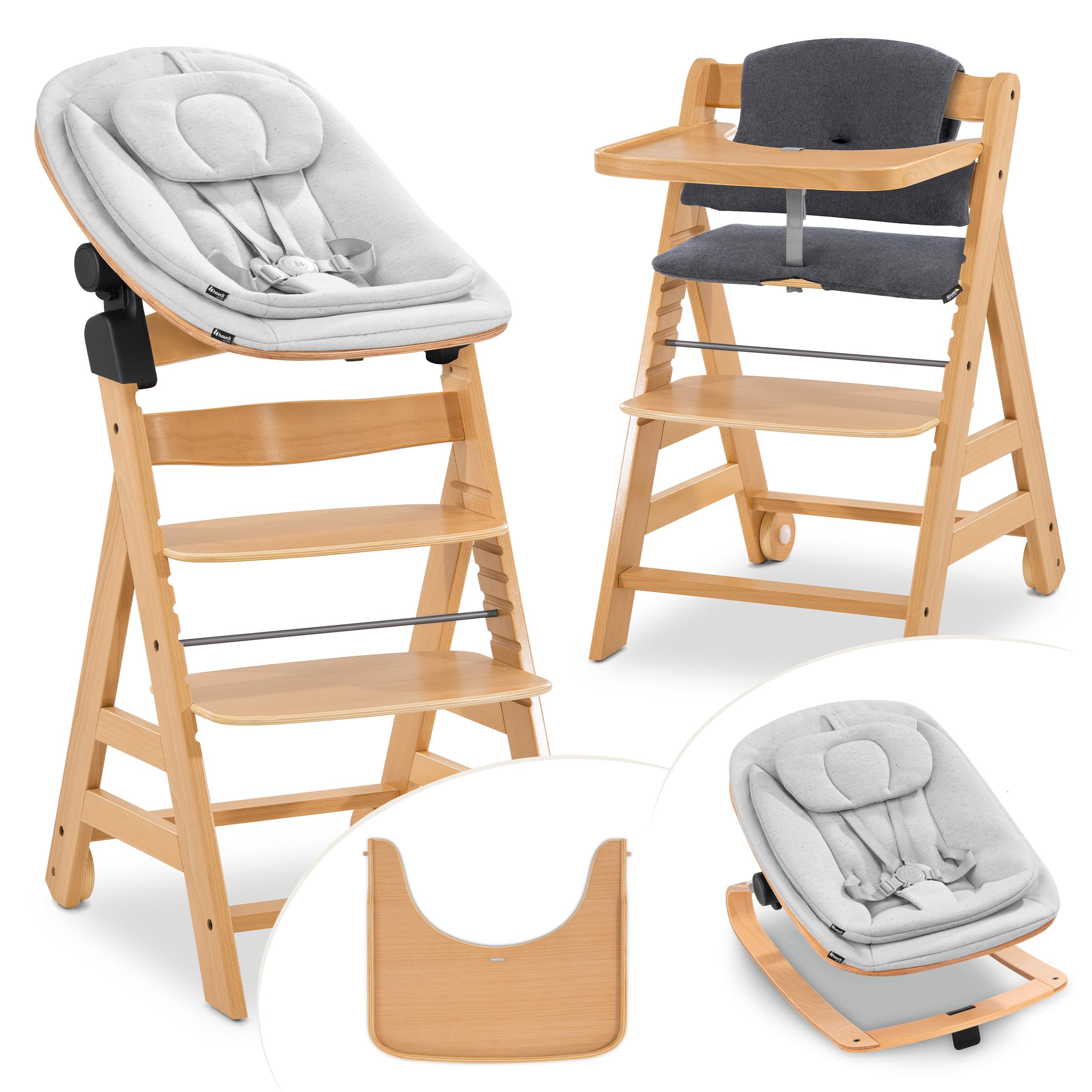 hauck Alpha Move Newborn Set Eco Bouncer Trona de Madera para Bebé desde el Nacimiento - Sillas Tronas para Niños con Hamaca Recién Nacidos Cojín y Bandeja - Natural