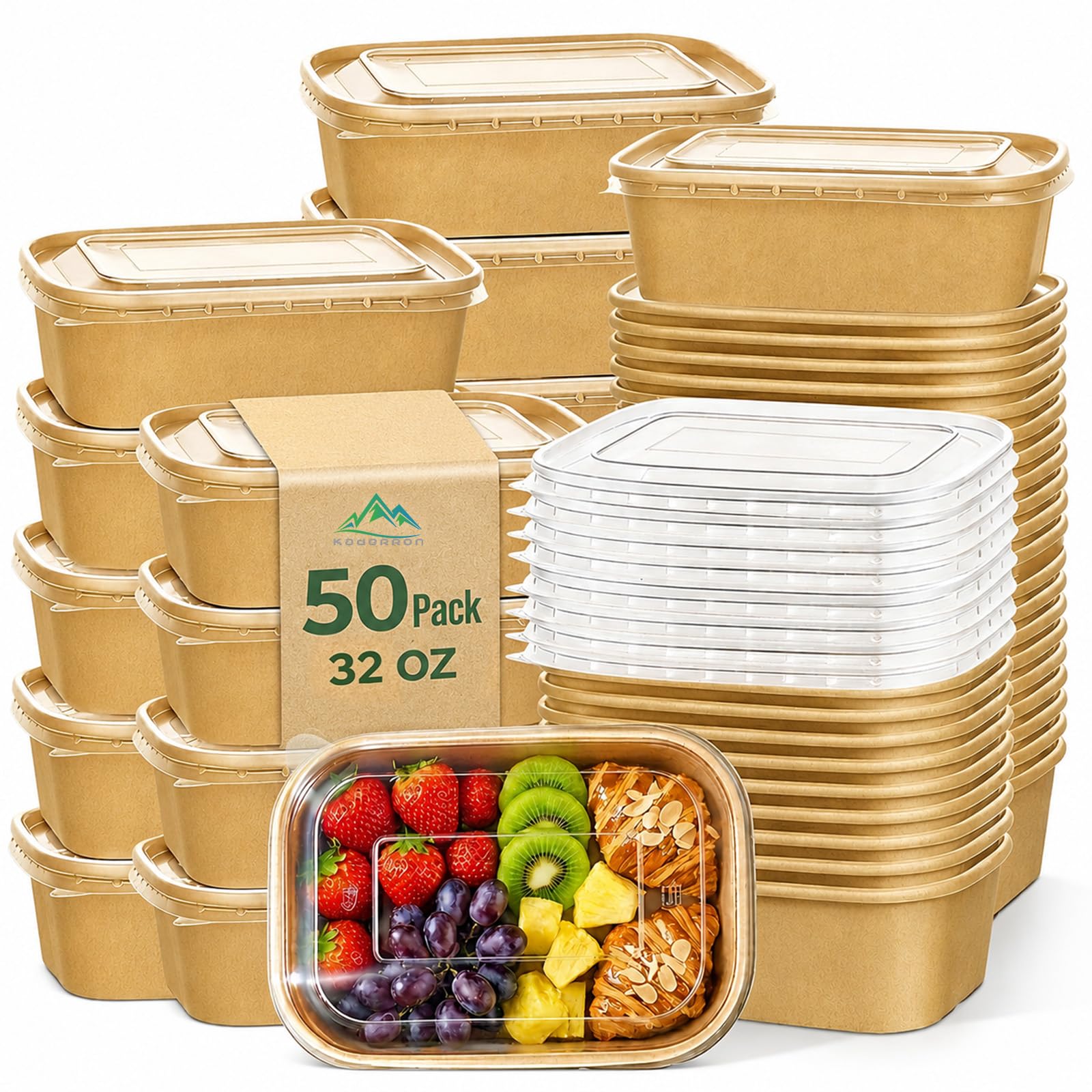 Kaderron 50 Pack 32 OZ Large Paper Bowls with Lids, Heavy Duty Disposable Compostable Container for Party