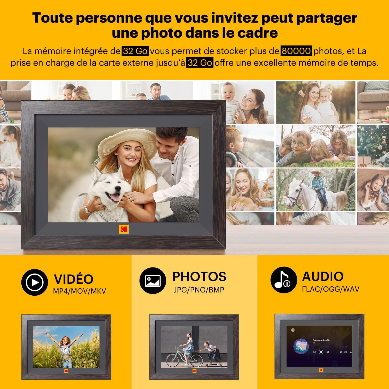 KODAK Cadre Photo Numérique WiFi 10,1 Pouces,Cadre Photo Electronique avec 32Go de Mémoire, Écran Tactile HD 1280x800 IPS pour Partager Photos et Vidéos, Support Multilingue, Rotation Automatique