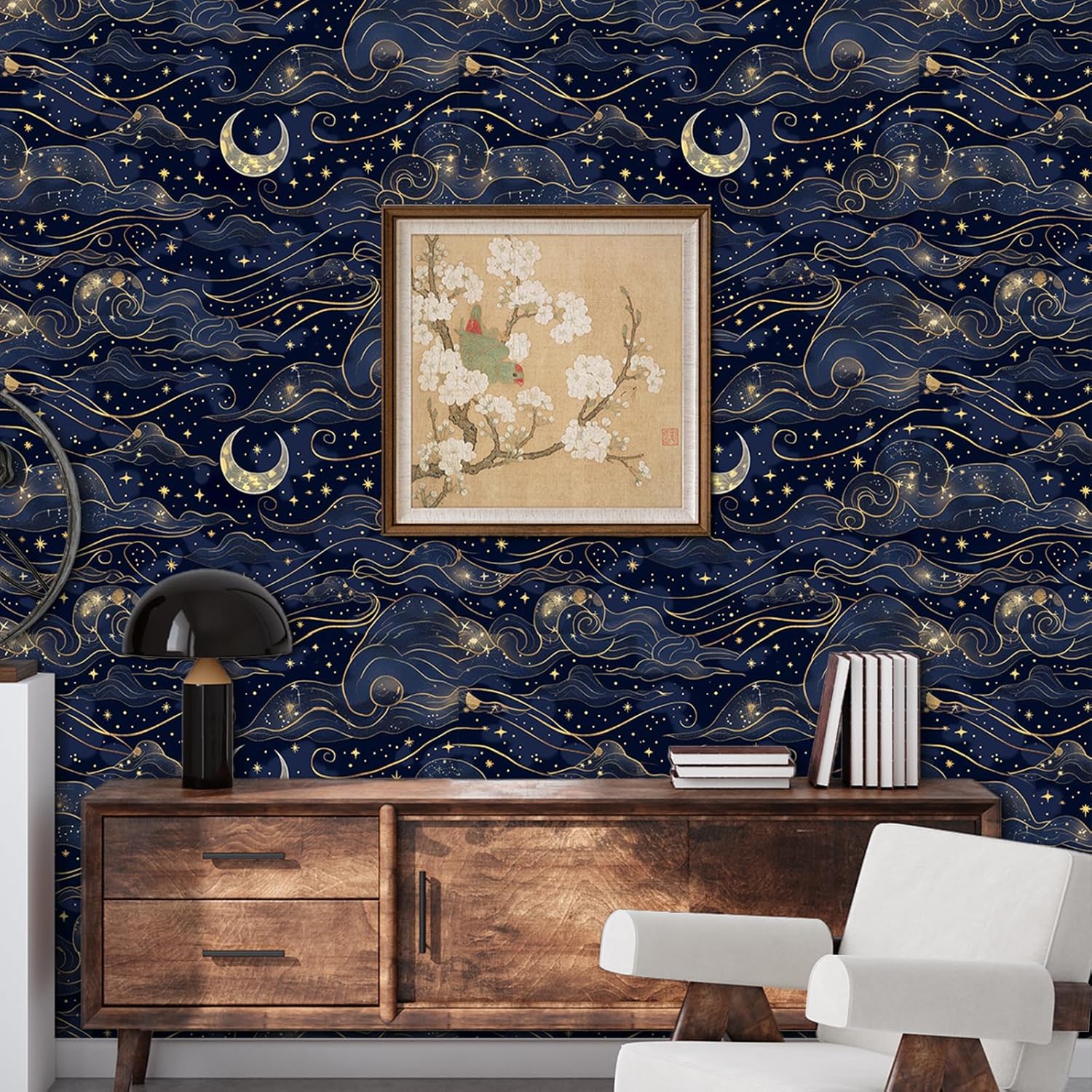 Sky Wallpaper Peel and Stick Self Adhesive Dark Blue Dreamy Watercolor Vivid Romantic Whimsical Cloud Star Moon Contact Paper Removable Waterproof for Bedroom Renter Friendly 17.71"x118.1"