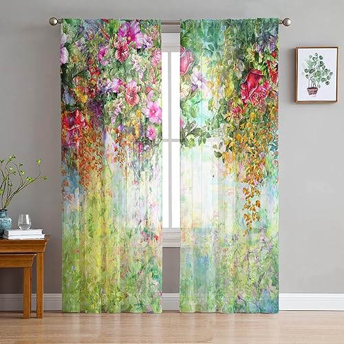 Sheer Curtains Panels Voile Rod Pocket Semi Sheer Curtains Blooming Spring, Chiffon Window Drape Treatment for Living Room Bedroom Colorful Floral Print, 52WX84H X2
