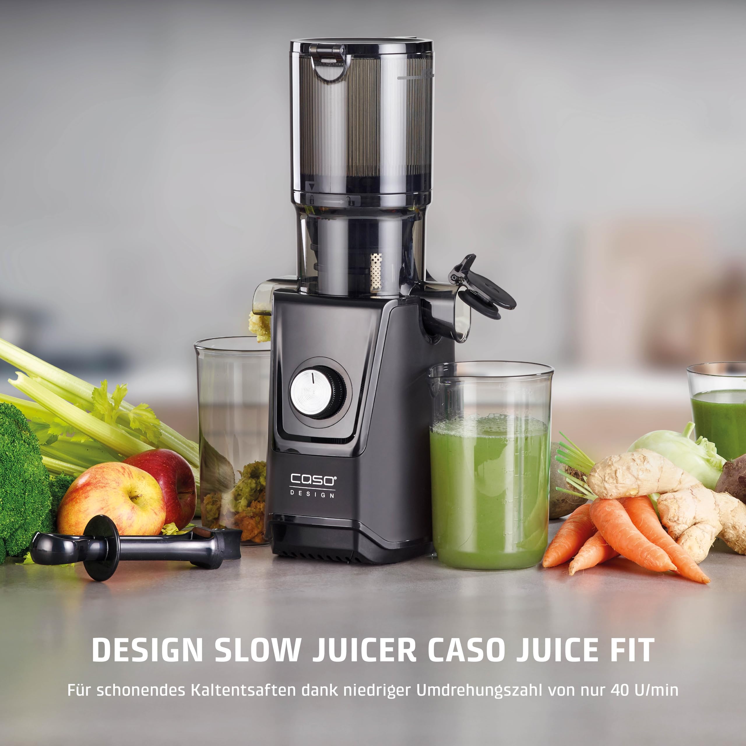 CASO Juice Fit - Slow Juicer, Sanftes und schonendes Entsaften dank niedriger Umdrehungszahl (40 U/min), Fill´n Juice, große Einfüllöffnung von 105mm Ø, Nährstoffe und Vitamine bleiben erhalten