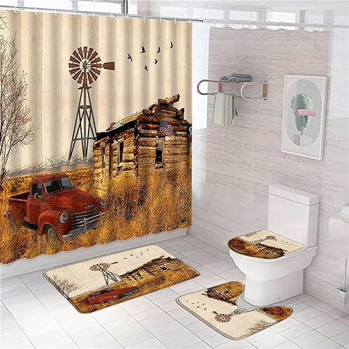 Juego de 4 cortinas de ducha antiguas para coche, granja, camión, vintage, americano, clásico, viejo camión, coche, granja, molino de viento, pájaro