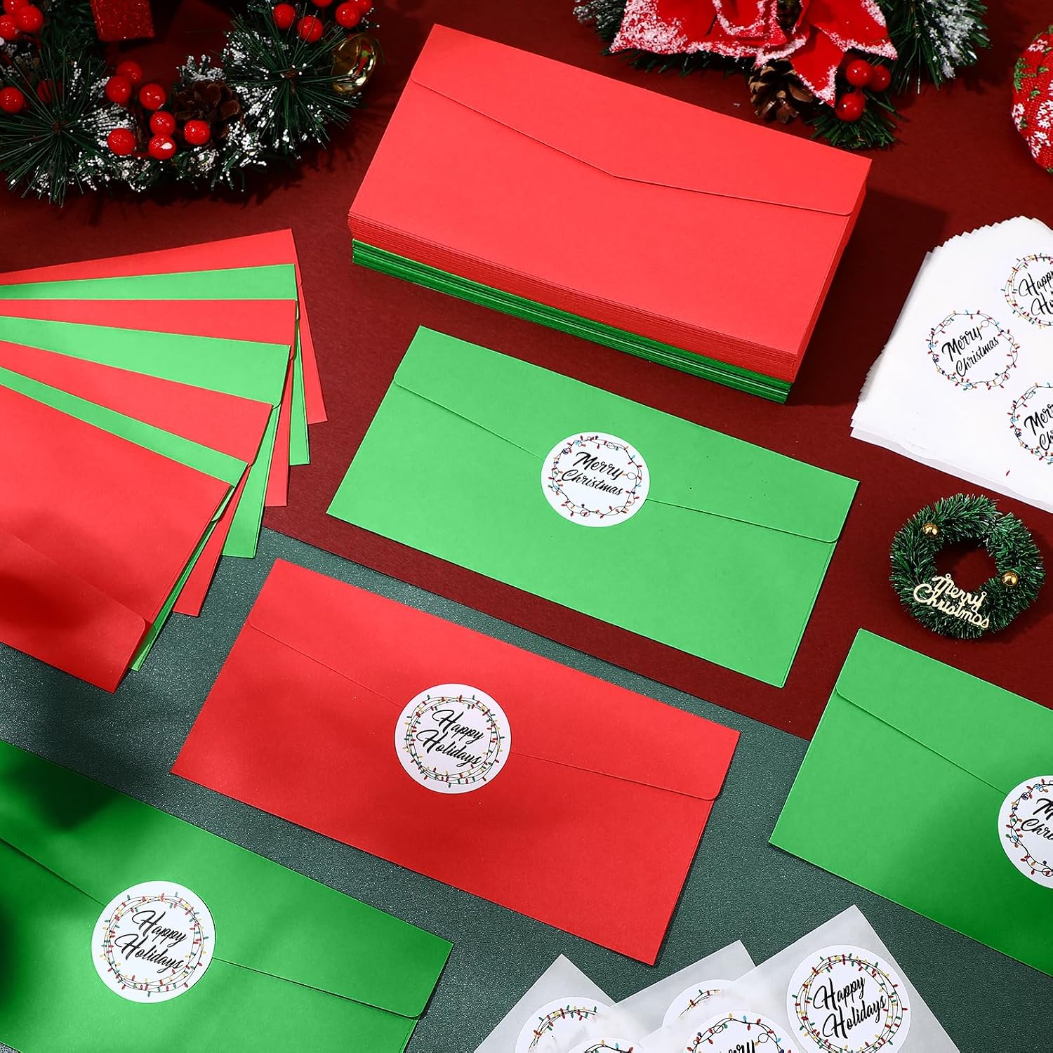 Fullhawl 100 Pieces #10 Christmas Envelopes Green and Red Envelopes with 120 Pieces Xmas Official Stickers Self Adhesive Greeting Card Pockets for Holiday Mail Gift Wrapping(Christmas Holiday)