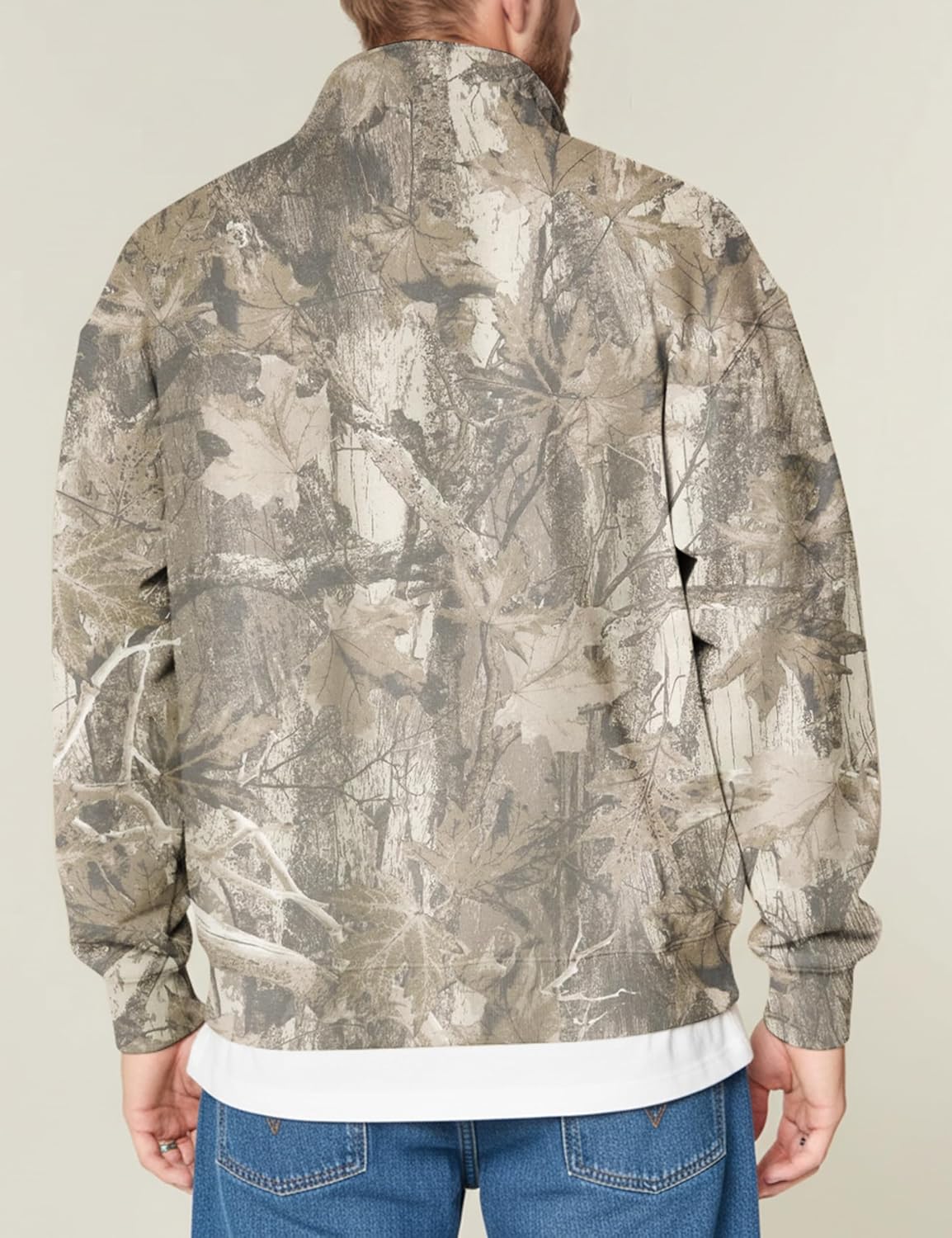 Burtell Mens Camo Quarter Zip Pullover Oversized Mock Neck Maple Leaf Graphic Fleece Sweatshirt Fall Long Sleeve Polo Shirts