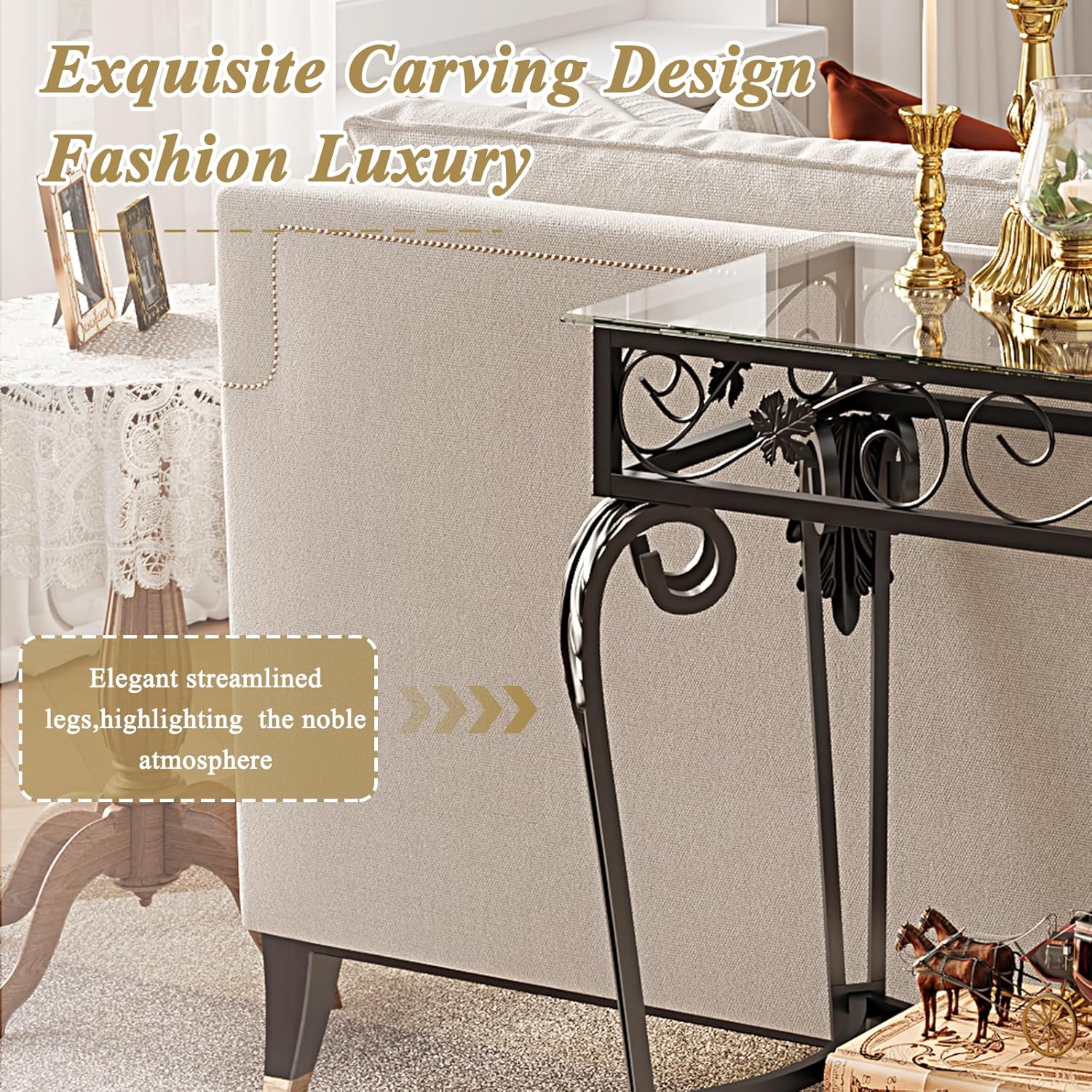 HavenlyYouth Console Table 47.2", Tempered Glass Sofa Tables, Vintage Entryway Table with Metal Frame, Console Tables for Living Room, Entrance, Foyer, Adjustable Feet (Black)