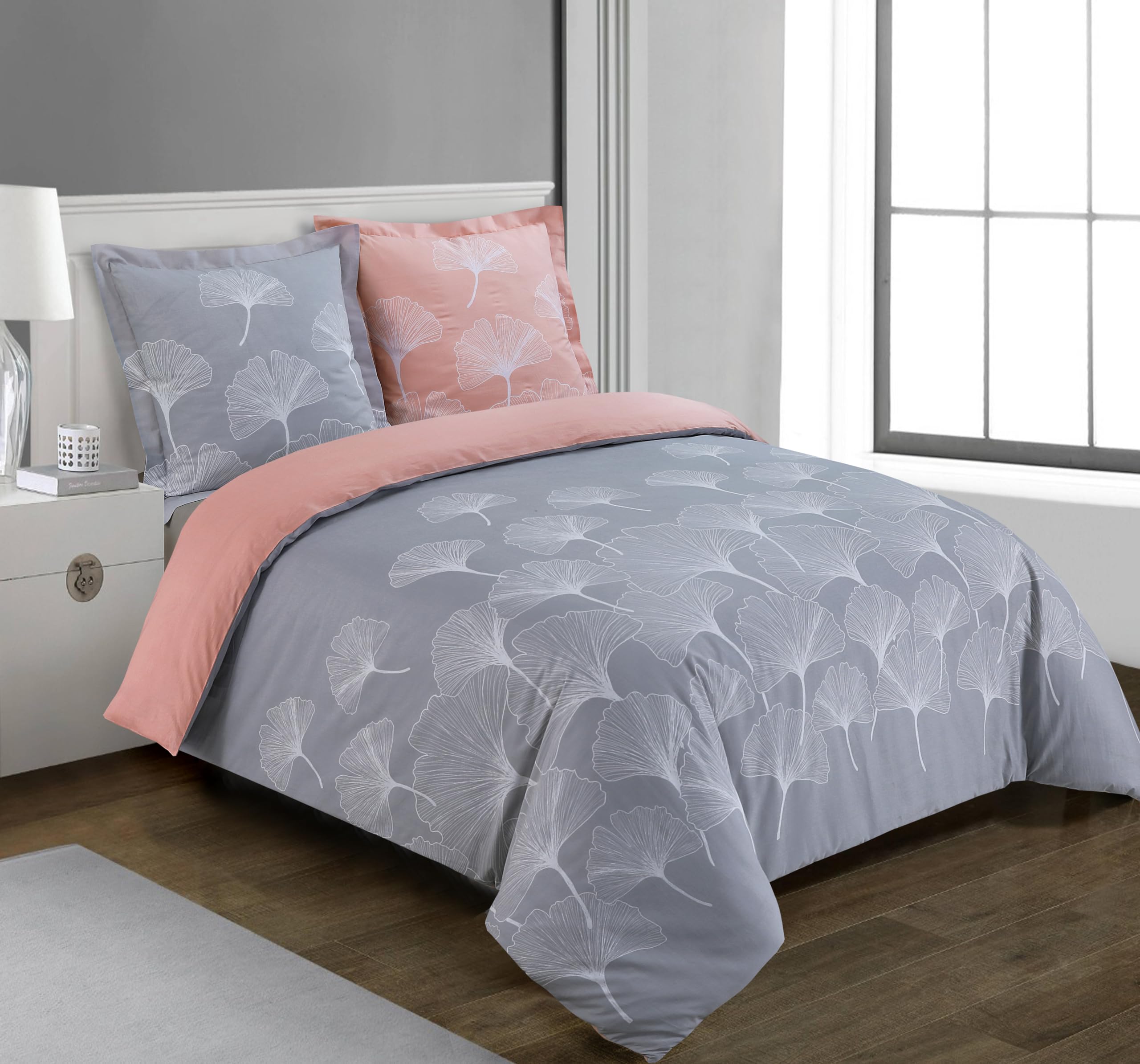 VISION - Set copripiumino reversibile Ginko Grigio – Set copripiumino 140 x 200 cm con 1 federa per cuscino per letto singolo – 100% cotone …
