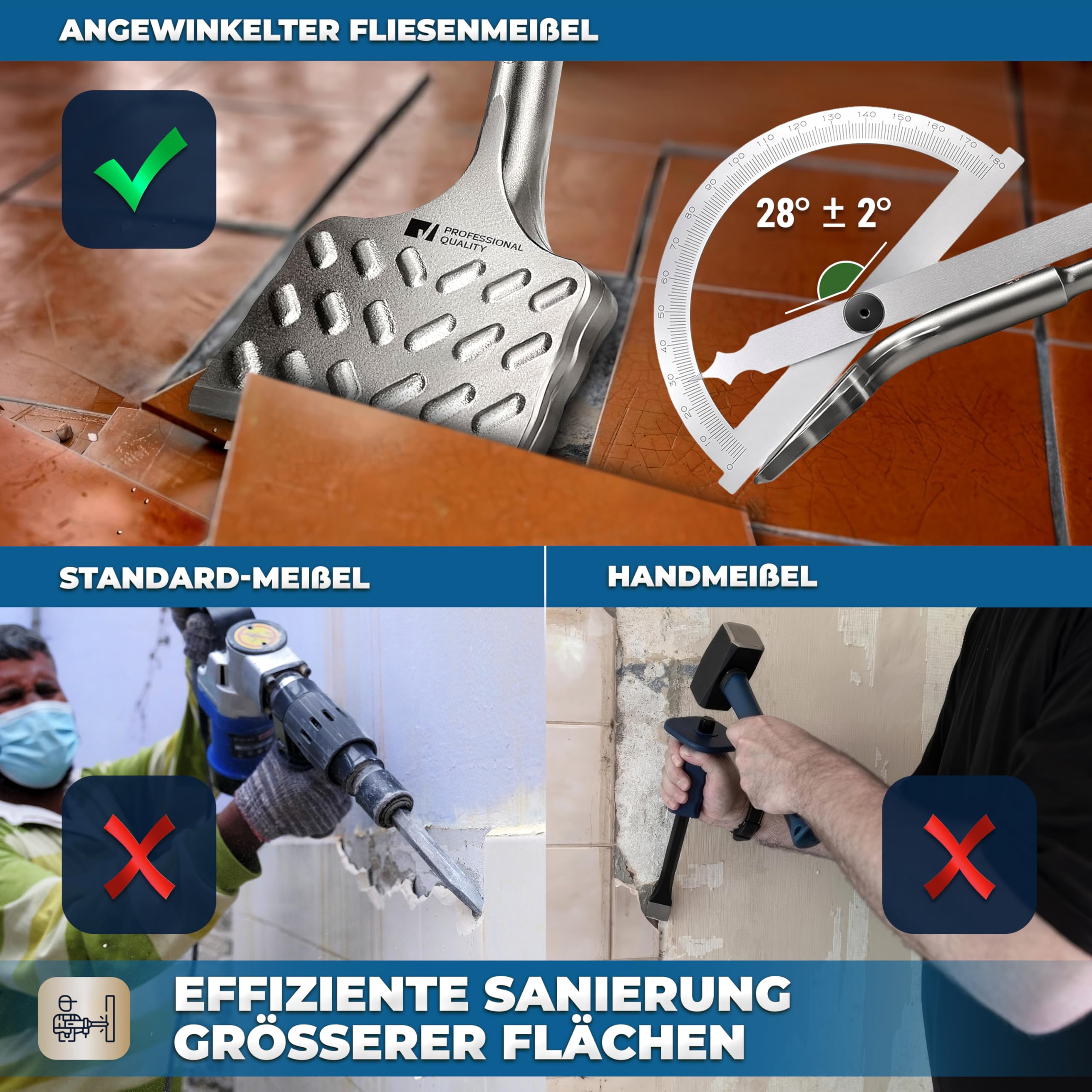 S&R Hochleistungs - Fliesenmeißel, SDS plus Meißel 165 mm x 75 mm abgewinkelt, SDS Meißel in Industrie-Qualität Made in Germany, Flachmeißel zum Fliesen und Fliesenkleber entfernen, gehärtet, breit