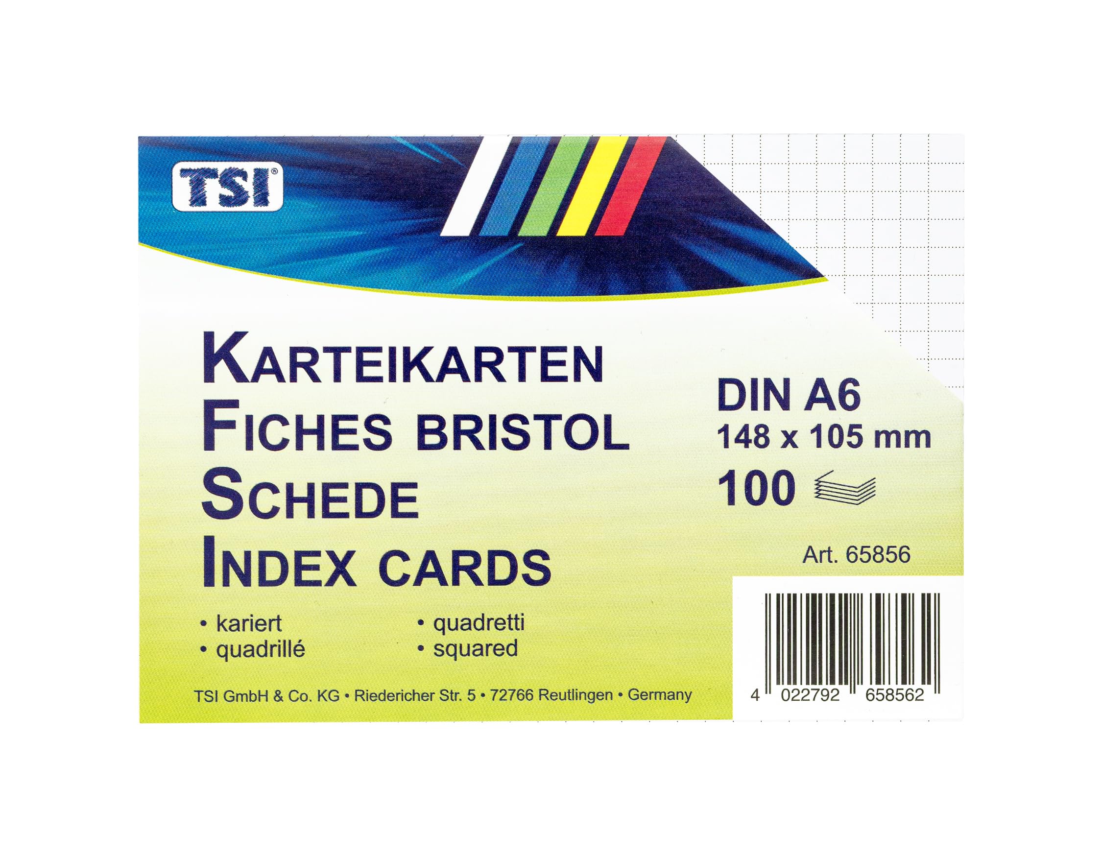 TSI Fiszki A6 posortowane pod względem koloru, opakowanie 100 sztuk, w kratkę, wymiary: DIN A6 (148 x 105 mm), nr art. 65856