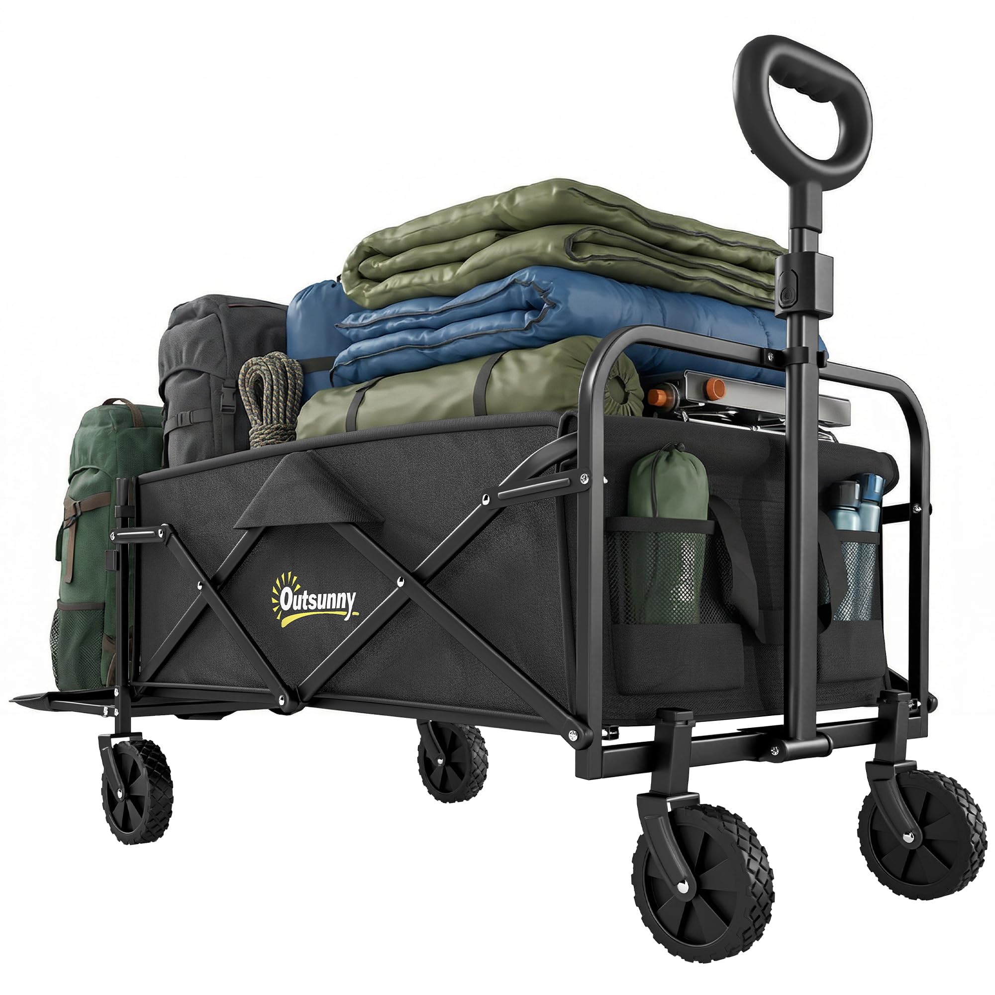 Outsunny Carrello da Giardino Pieghevole 72L con 4 Ruote, Carrello da Campeggio in Tessuto Oxford con Borsa da Trasporto e Maniglia Regolabile per Picnic, Spiaggia e Pesca, Nero