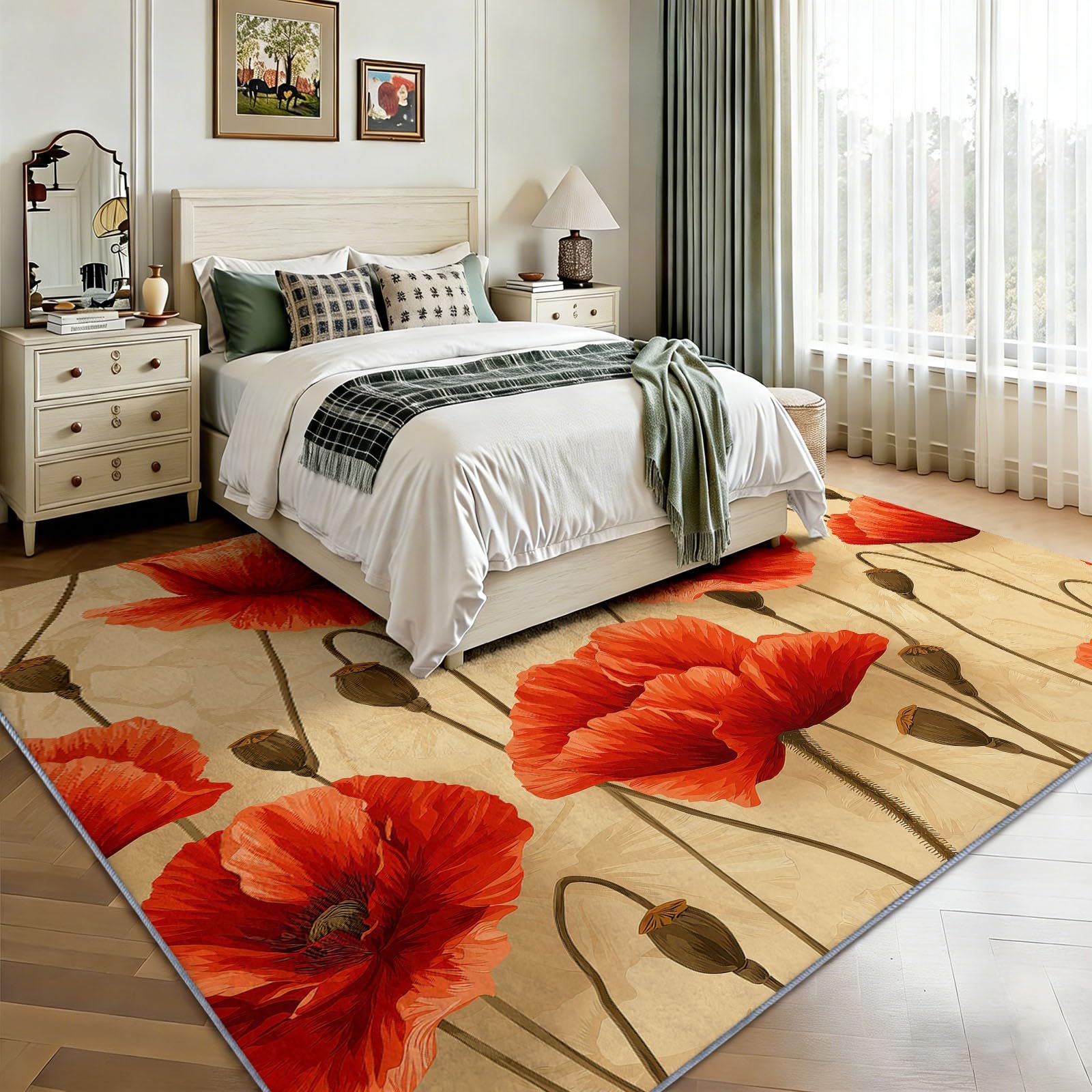 Nadaje się do prania, dywan do salonu, 160 x 230 cm, antypoślizgowy, kremowy, miękki, z krótkim włosiem, elegancki dywan na rośliny, kwiaty, maki, mata do sypialni, jadalni, domu, biura, pokoju