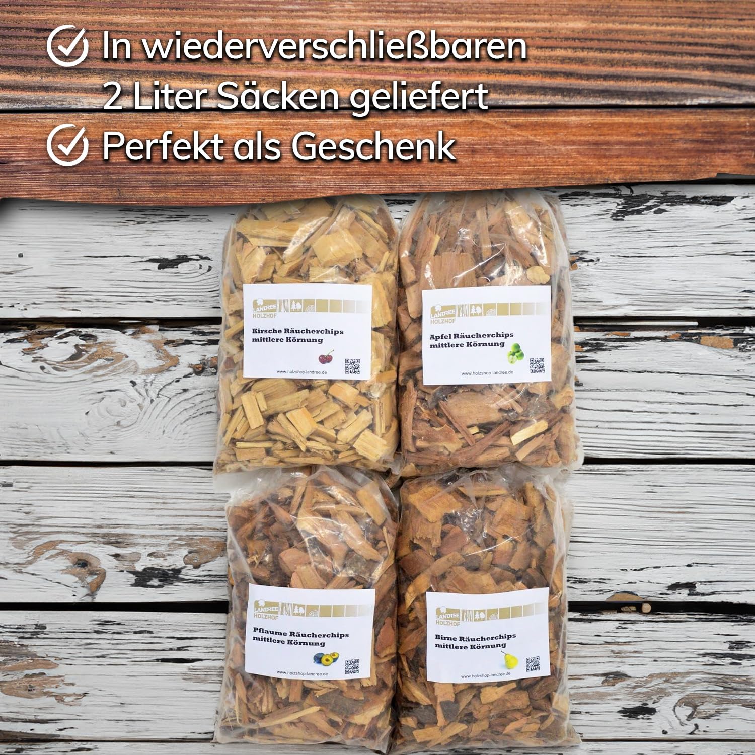 Landree® Starter-Set Räucherchips Kirsche, Apfel, Birne, Pflaume - 4 x 2 Liter -Altes Land- Wood Chips für Grill Smoker BBQ