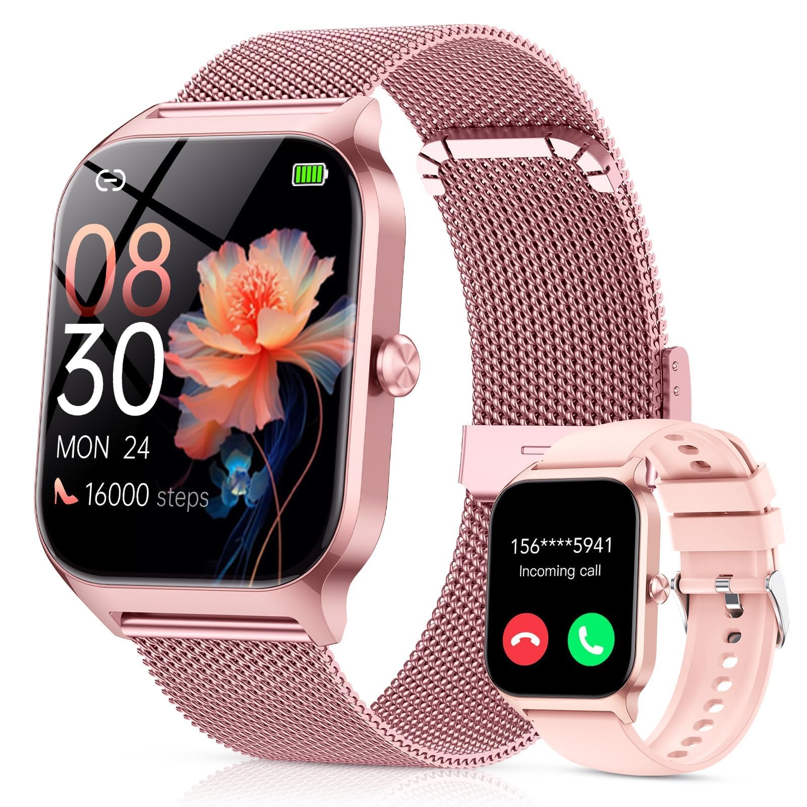CASCHO Smartwatch Damen mit Telefonfunktion, 1.85'' Smart Watch, 120+Sportmodi Fitnessuhr mit Herzfrequenz/SpO2/Schrittzähler/Schlafmonitor, IP68 Wasserdicht Fitness Tracker für iOS Android,Rosa