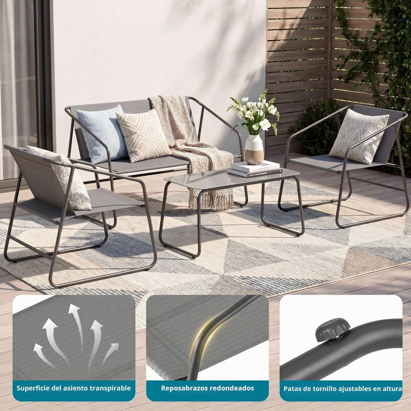 LIFERUN Conjunto de Jardín Exterior 4 Piezas, Muebles Balcón en Tela Teslin, Incluye Sofá de 2 Plazas, 2 Sillones y Mesa, Conjunto de Asientos Exterior Resistente al Clima, para Terraza, Jardín, Gris