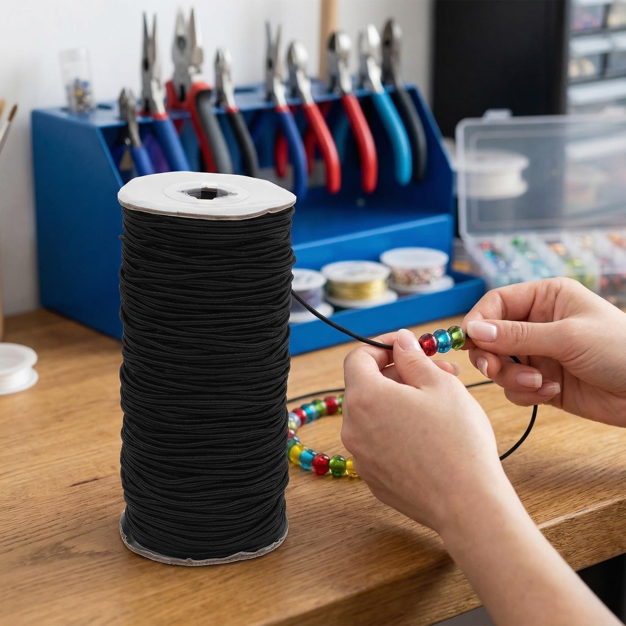 minkissy Schwarze Elastische Kordel 3mm Rund aus Polyester für Halsketten und Armbänder Glatte Verarbeitung für Selbstgemacht Schmuck und Partyhüte 100 Yards