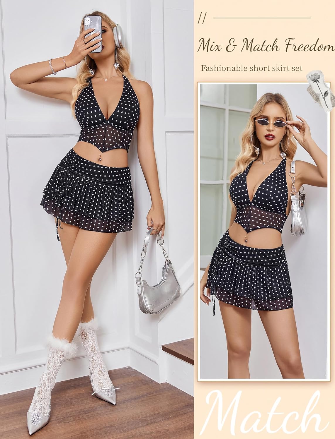 Avidlove Women‘s Mini Skirt Set Sexy Y2K Mesh Halter V Neck Crop Tops Mirco Ruffle Skirts 2 Piece Rave Festival Outfits S-XXL - Image 5