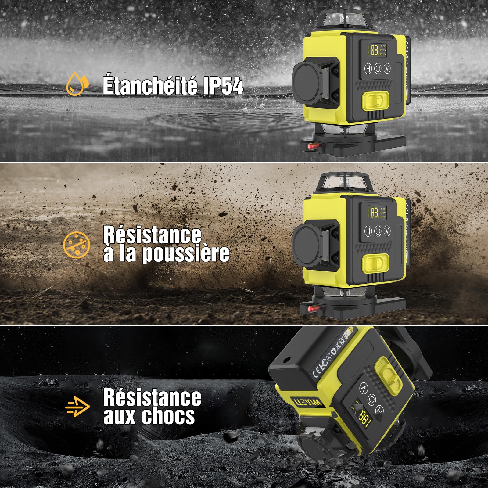 Niveau Laser Autonivelant 360° X 4, Lazer Niveaux Chantier 4d 16 Lignes Laser, Mode Impulsion ExtéRieur, 2 X Batterie,Nivellement Automatique, Support Rotatif, TéLéCommande (Avec trépied)
