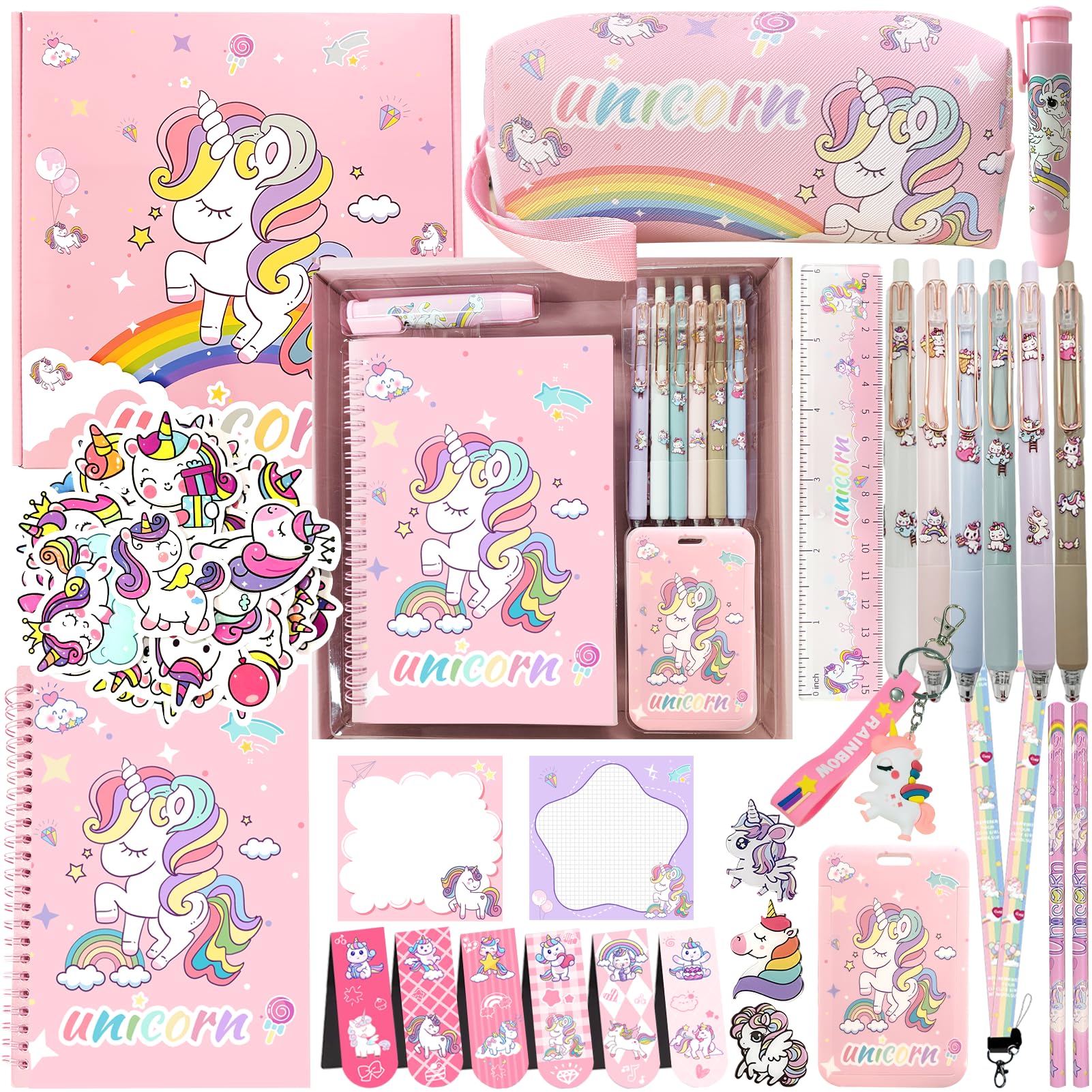 Unicorn cute School Supplies Kawaii Stationery Present Set , Including Ballpoint Pens, Pencil Case, ID Badge Holder, Stickers, Key Chain, A5 Notebook,