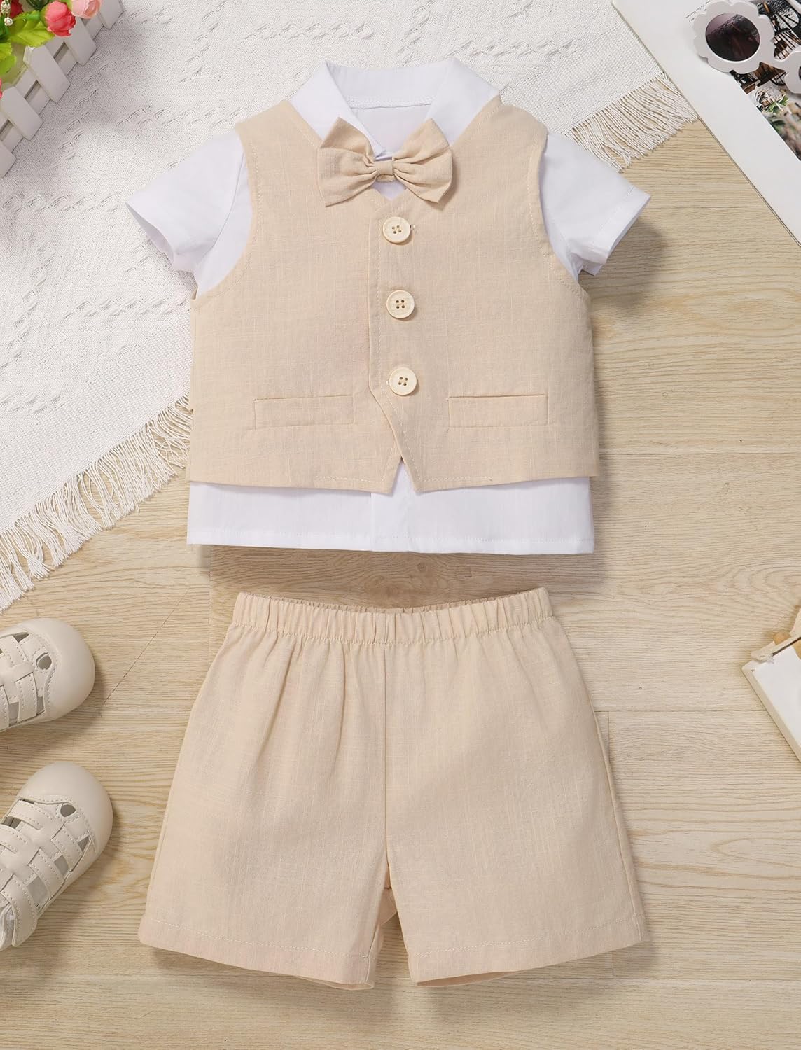 IDOPIP Toddler Baby Boys Formal Suit Set with Dress Shirt + Bowtie + Vest + Pants 4-Piece Gentleman Wedding Tuxedo Outfits
