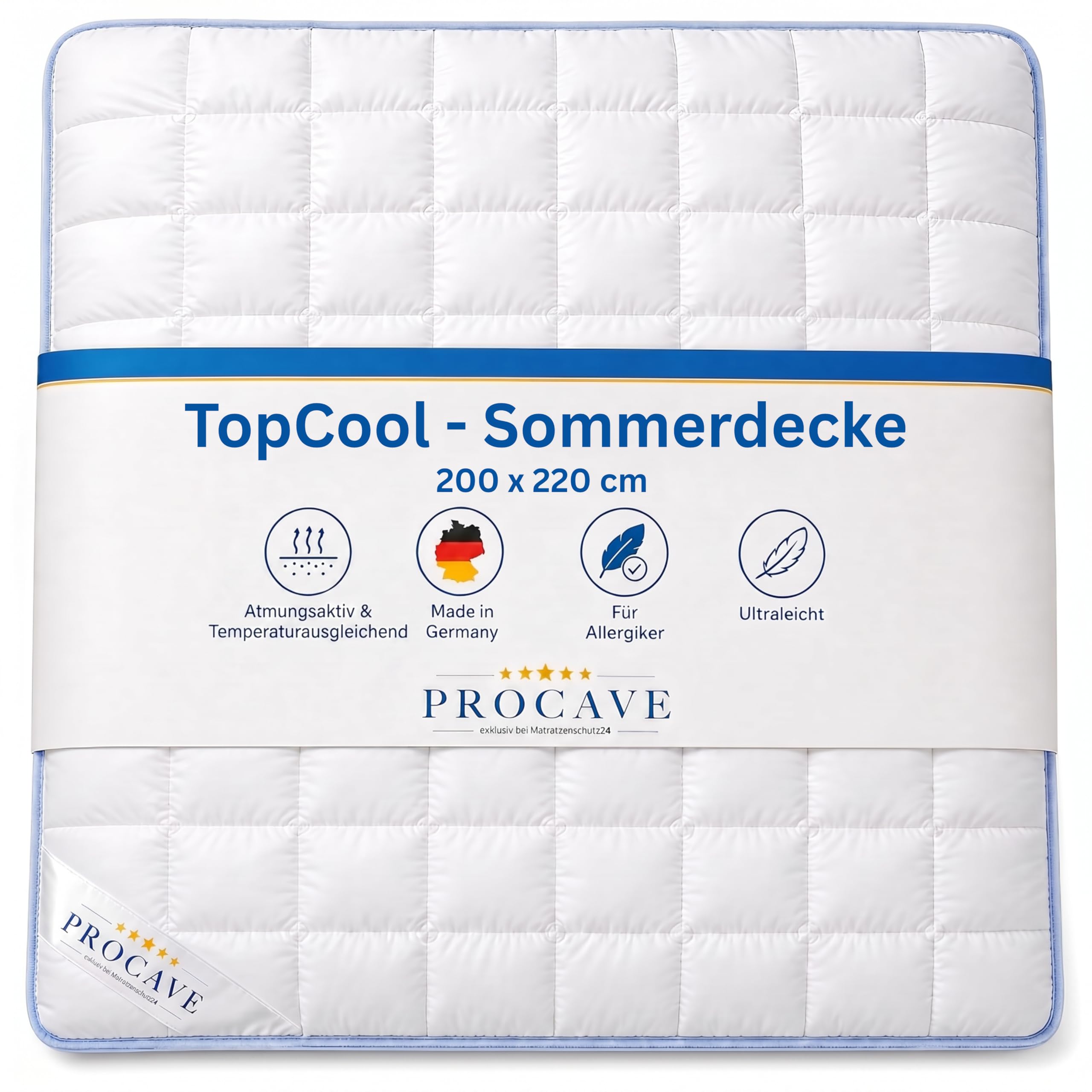 PROCAVE TopCool Sommer-Bettdecke 200x220 cm, atmungsaktiv & kühlend | gegen Nachtschwitzen, federleicht, 95 Grad kochfest waschbar, für Allergiker, formstabile Steppung, Made in Germany