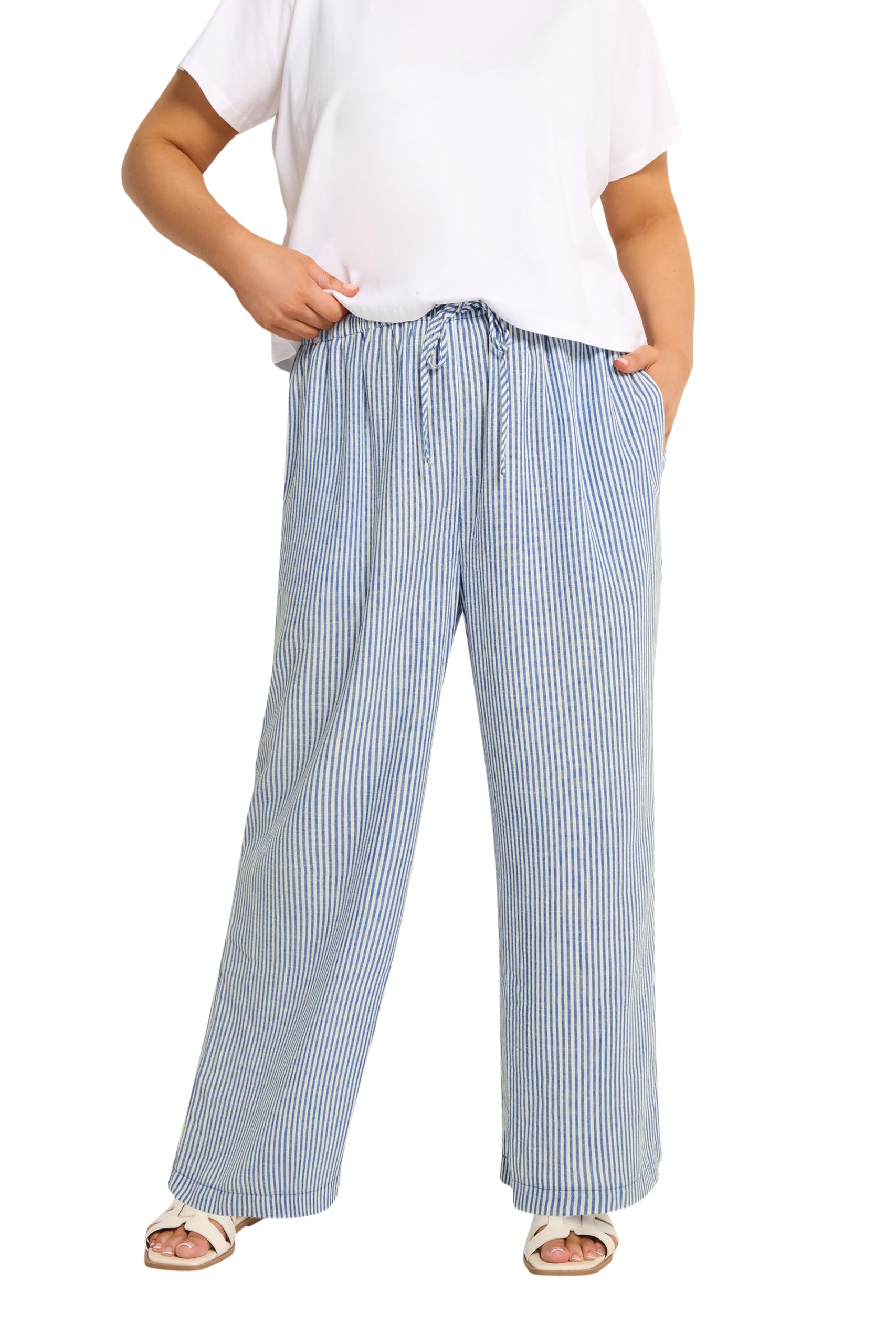 Yours Women's Stripe Linen Look Trousers in Light Blue | Size: 20S
