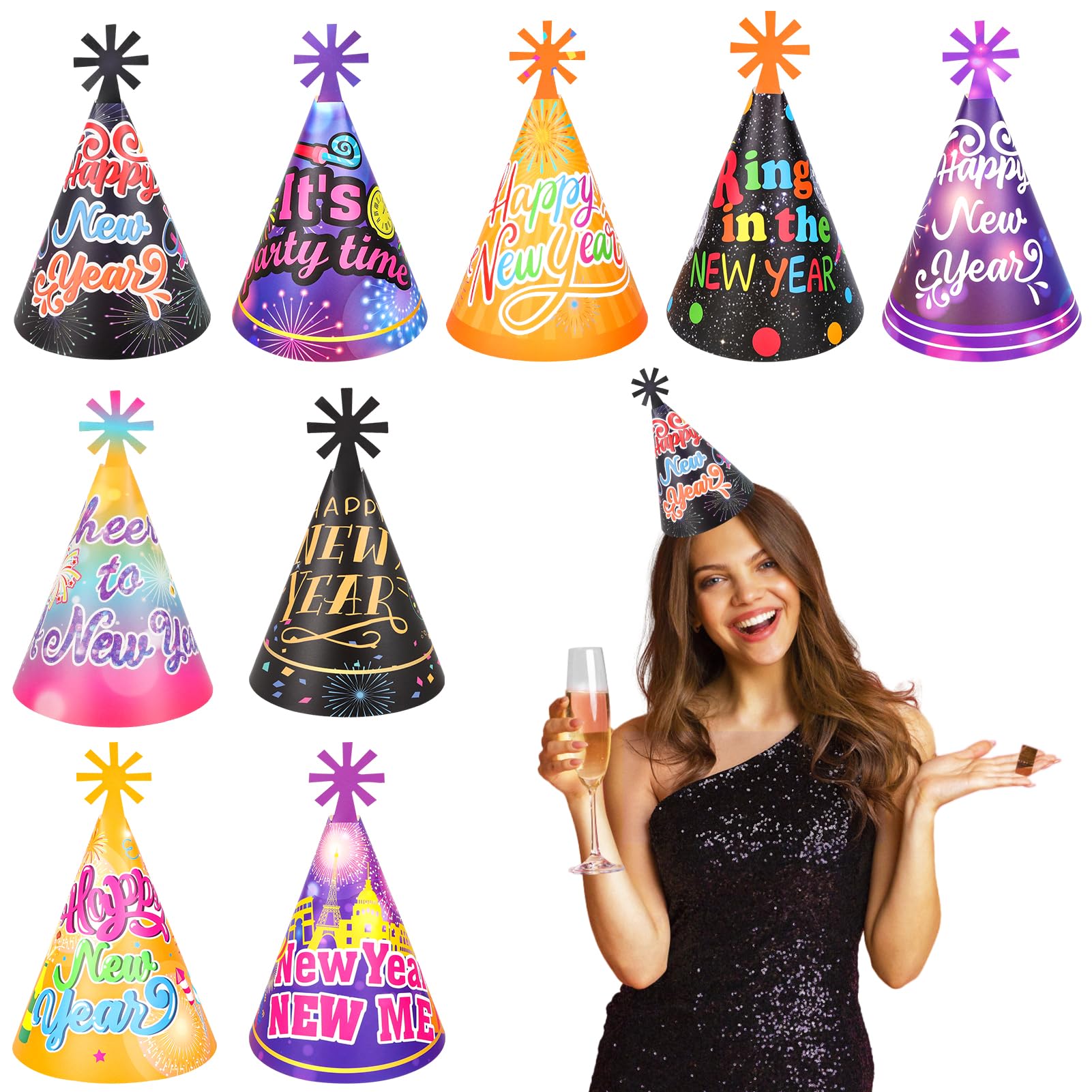 Lot De Chapeaux De Fête Nouvel An 2026 – Coniques Et Couronnes En Papier Multicolores, Accessoires Pour Réveillon