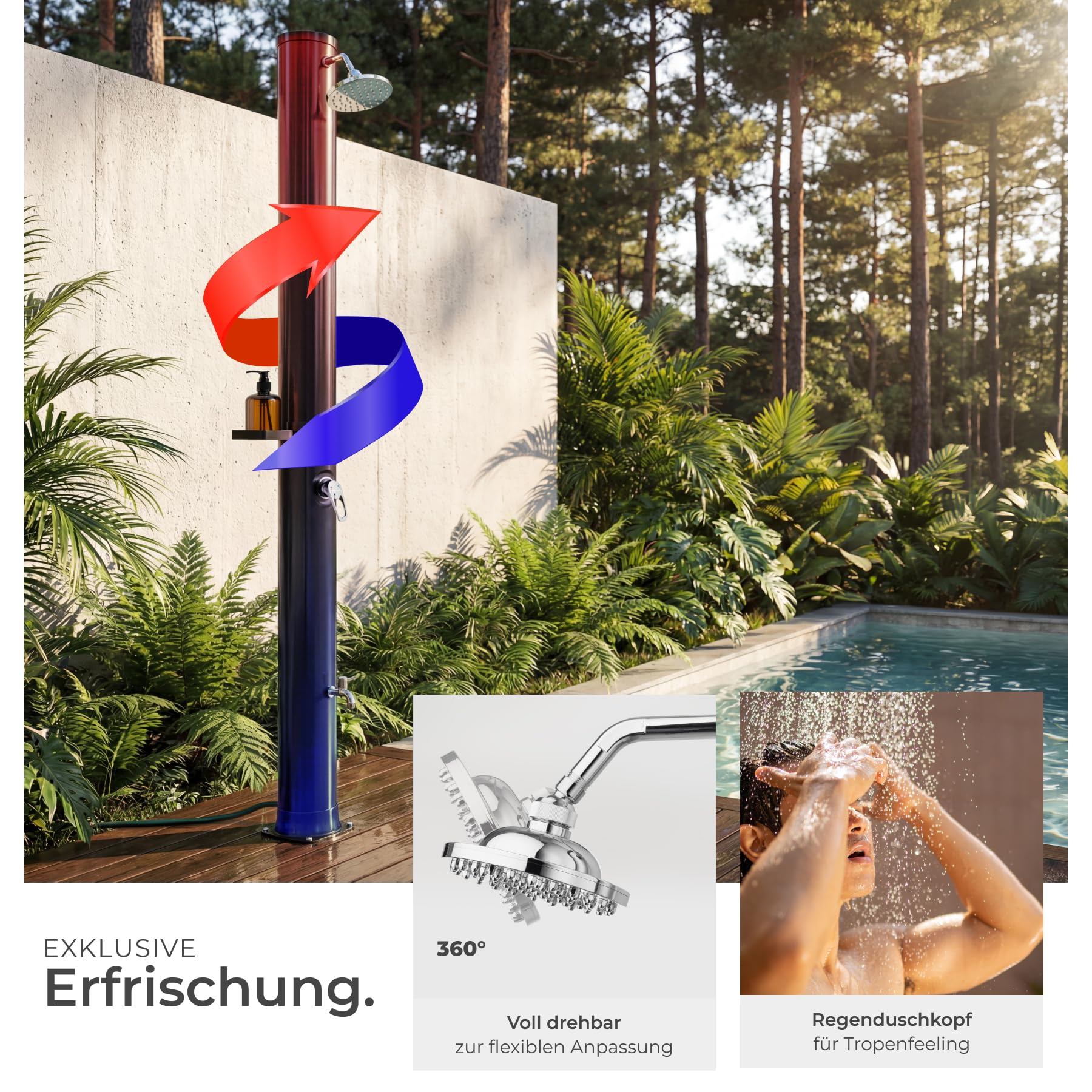 TecTake® Solardusche, 40 l, bis 60° C warmes Wasser, drehbarer Regenduschkopf, Gartenschlauch-Anschluss, Solar Dusche, Solarduschen, Solar Duschen, Garten Solardusche, Camping Solardusche - schwarz