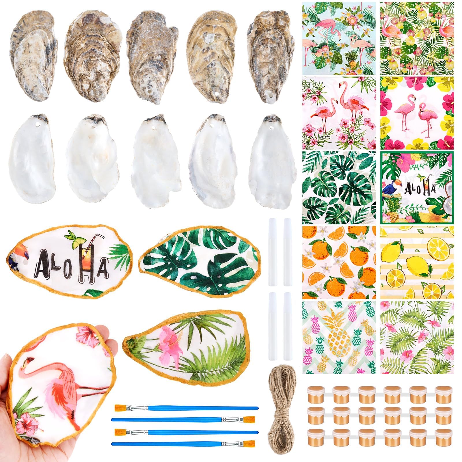 APUDWN 16 Set DIY Natural Oyster Shell Decoupage Kit Hawaiian Crafts 4-5" Large Shells Drilled with Napkins Paints Brushes for Crafts Coastal Beach Art Hanging Ornament Making Adult Hobby Gifts