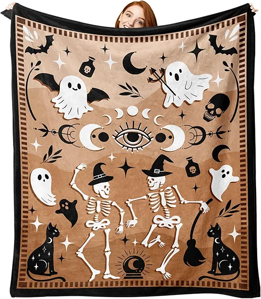 Paayna Halloween Gothic Skeleton Flannel Throw Blanket, Spooky Ghost Skull Black Cat Gifts for Kids Men Women, Magical Moon Phase Bats Poison Soft Blankets for Bedding Sofa 50 x 60 Inches