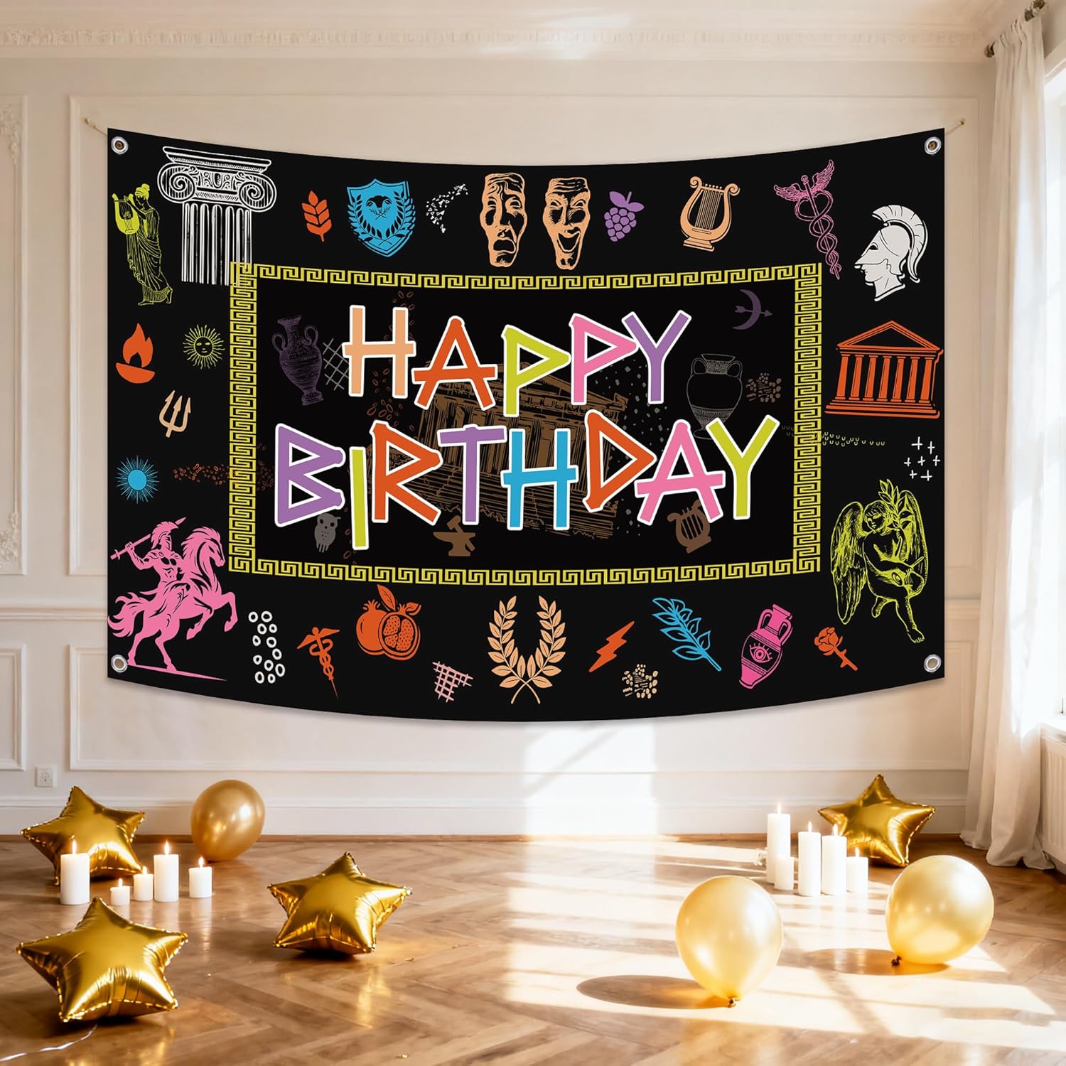 Happy Birthday Greek Mythology Banner - Percy Jackson Party Decorations with Backdrop 70.8 x 43.3 inch, Ancient Greece Party Supplies for Birthday Baby Shower