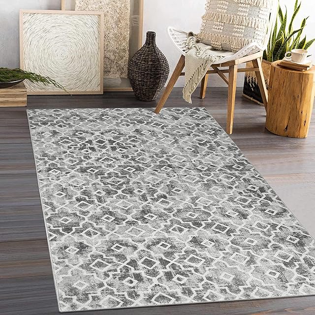 KIMODE Moroccan Bedroom Rug 90x150cm,Grey Washable Modern Trellis Kitchen Area Rugs,Soft Non Slip Low-Pile Geometric Floor Mat Carpet for Bathroom Laundry Living Room Entrance