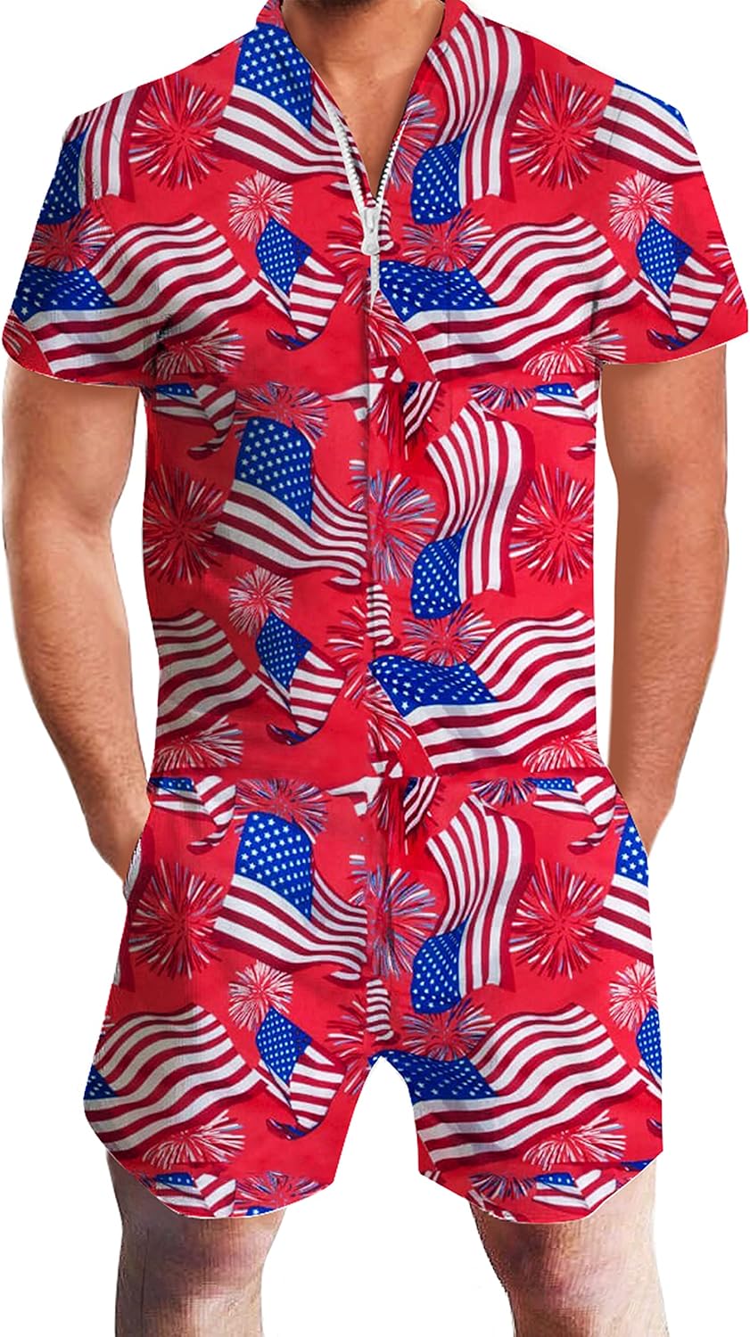 uideazone Men Romper 3D Printed Zipper Jumpsuit Short Sleeve One Piece Casual Overalls Bro Outfits