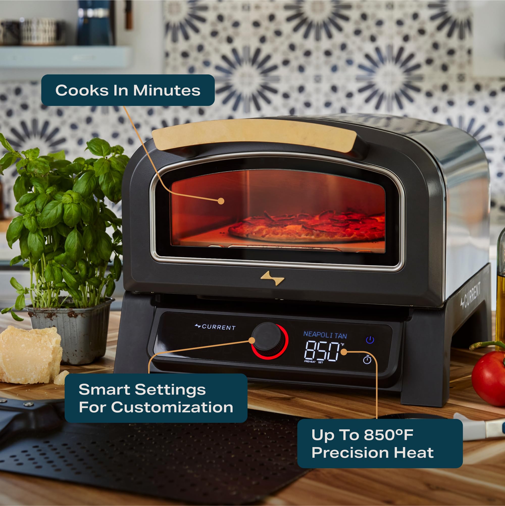 Current Horno eléctrico inteligente para pizza Model P, 12 pulgadas, 454.4 °C máximo, múltiples modos de cocción, conectividad de aplicación para monitoreo de temperatura y tiempos de cocción