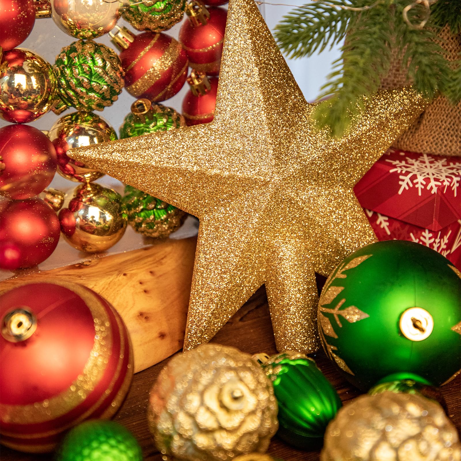 Hollyone 100 pièces Ensemble de Boules de Noël en Plastique, décorations de Noël incassables, Boules de Noël Assorties, décorations à Suspendre pour Sapin de Noël, doré, Rouge et Vert