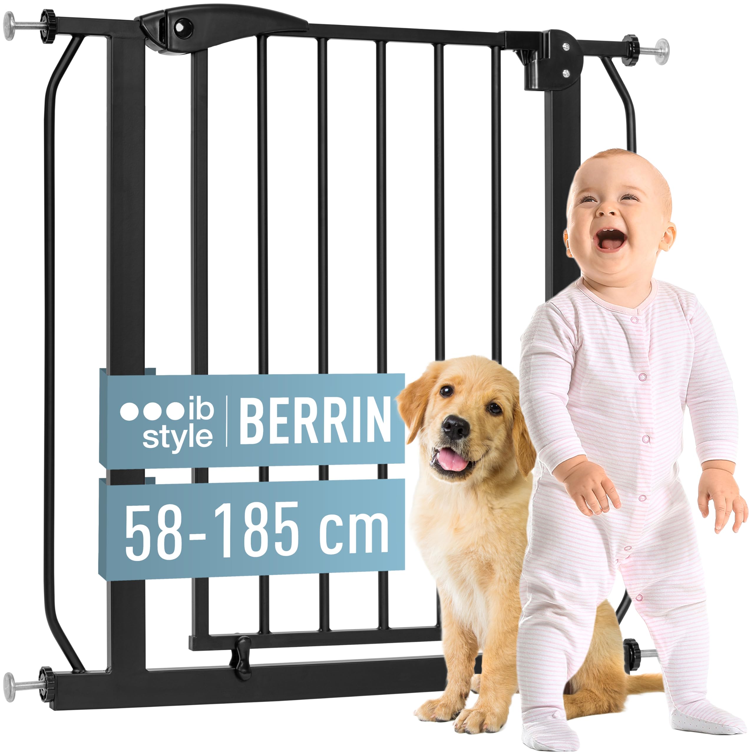 ib style Barrière de Sécurité Berrin 58-185 - Barrière d'escalier, sans Perçage, Ouverture d'une Main, pour Enfants 6 a 24 Mois, 150-160 cm, Noir