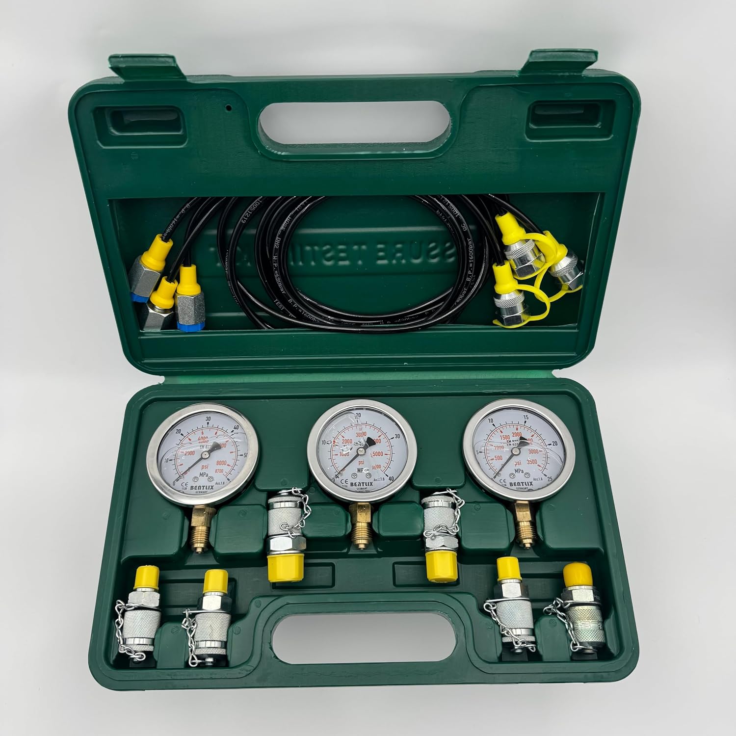 Hydraulic Pressure Test Kit for Excavator, 3 Gauge Set with Hoses and Couplings, 25/40/60 MPa Range, Professional Diagnostic Tool
