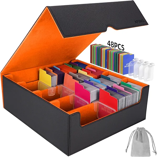 AFIING 4-Row Trading Card Storage Box – Holds 3200+ Cards, 48 Dividers & 4 Stoppers, Card Deck Box for MTG TCG Sports Cards – Includes 1 Dice Bag(Black Orange)