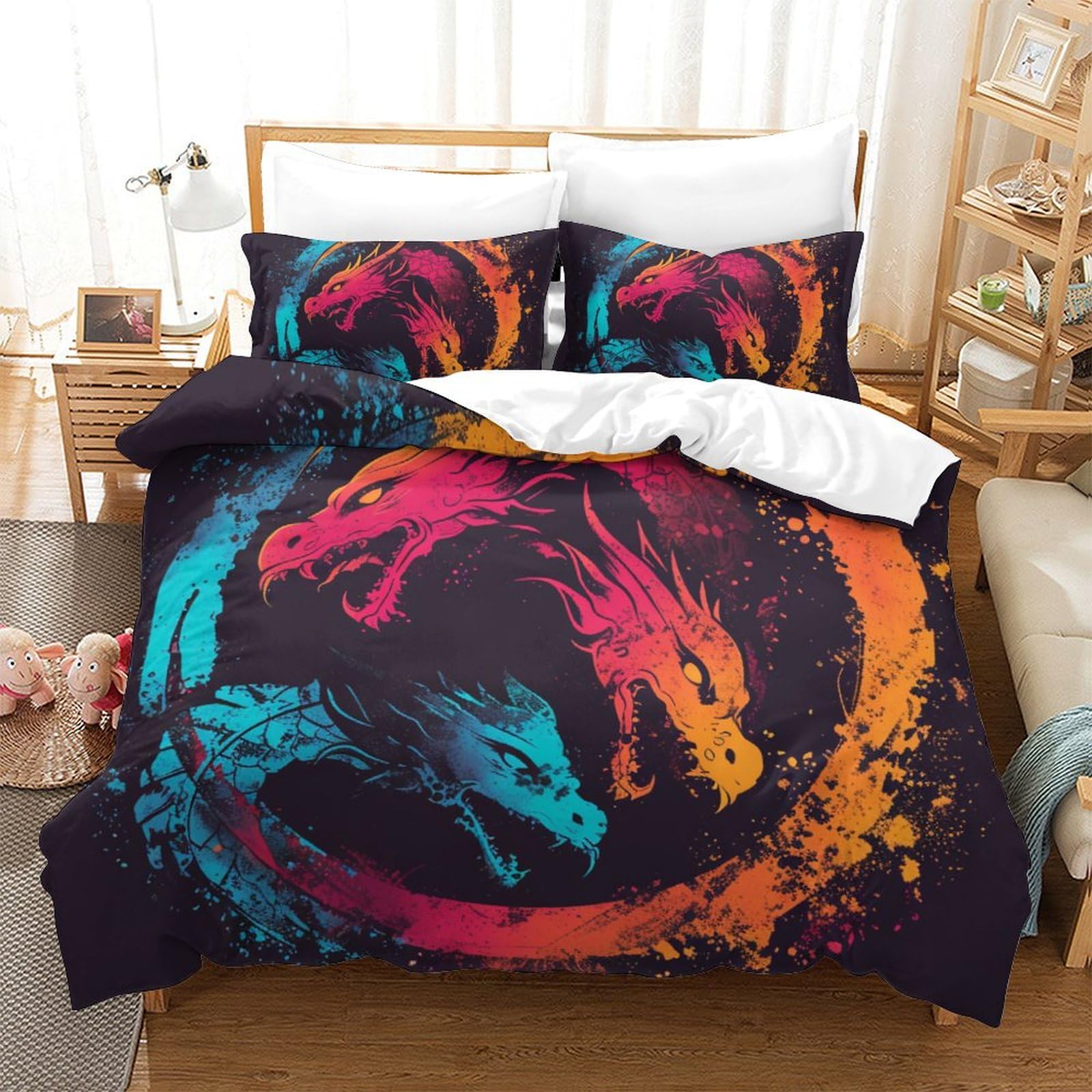 Housse de couette dragon 260x220 cm parure de lit microfibre avec fermeture éclair