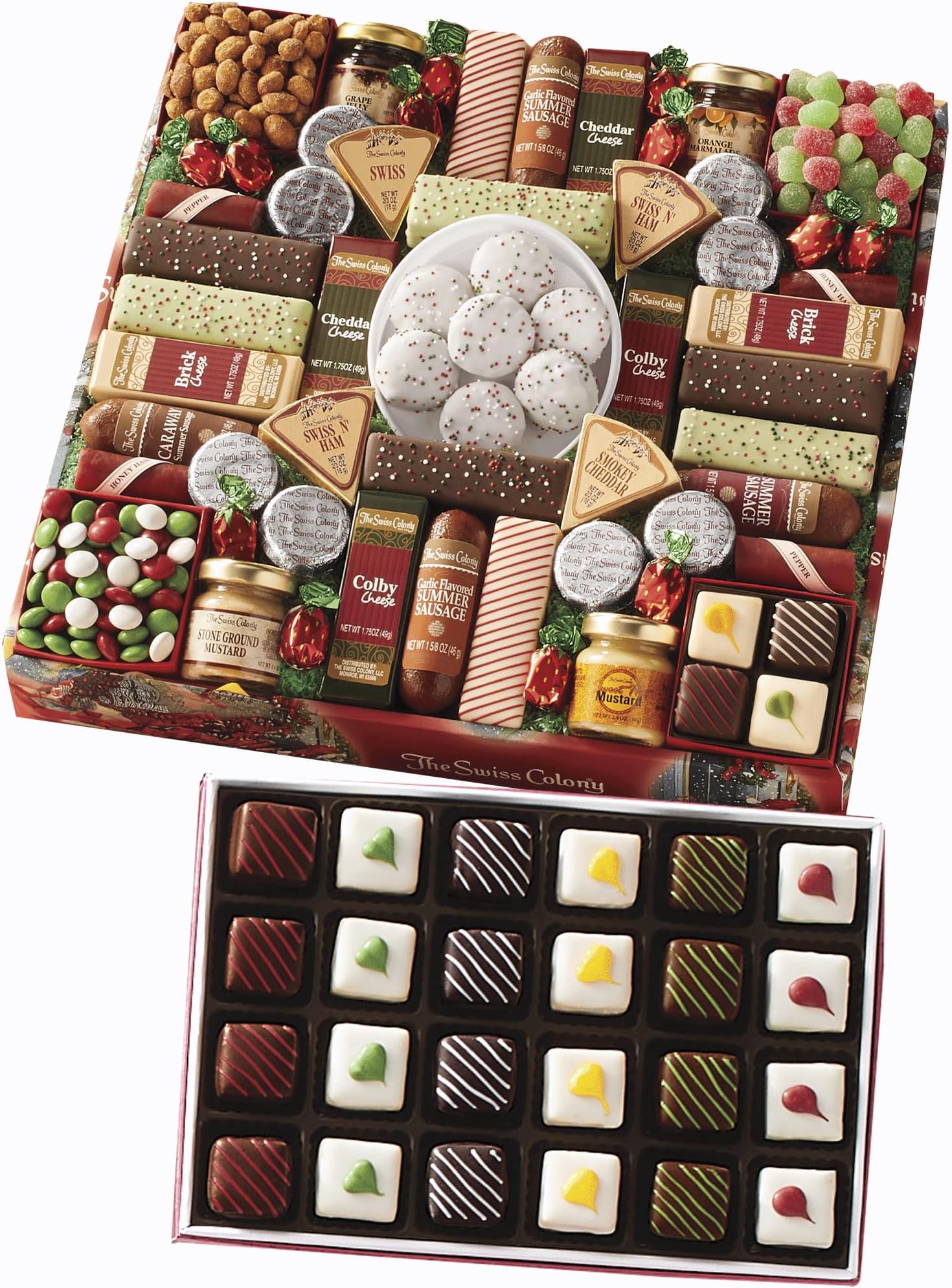 43 Season Pleasers and Petits Fours Gift Bundle - Assorted Cheeses, Chocolates, Candies, and Summer Sausage Meats, Gourmet Chocolate and Swiss Creme Mini Layer Cakes